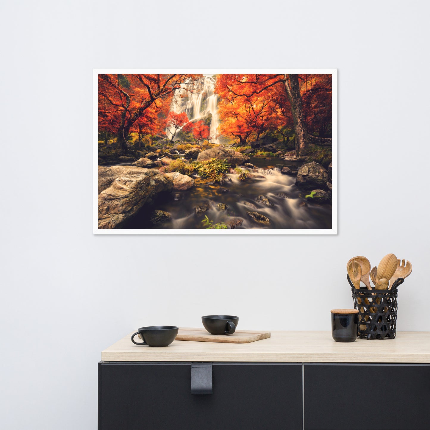 Waterfall in the Autumn with Golden Shadow Effect Framed Wall Art Prints