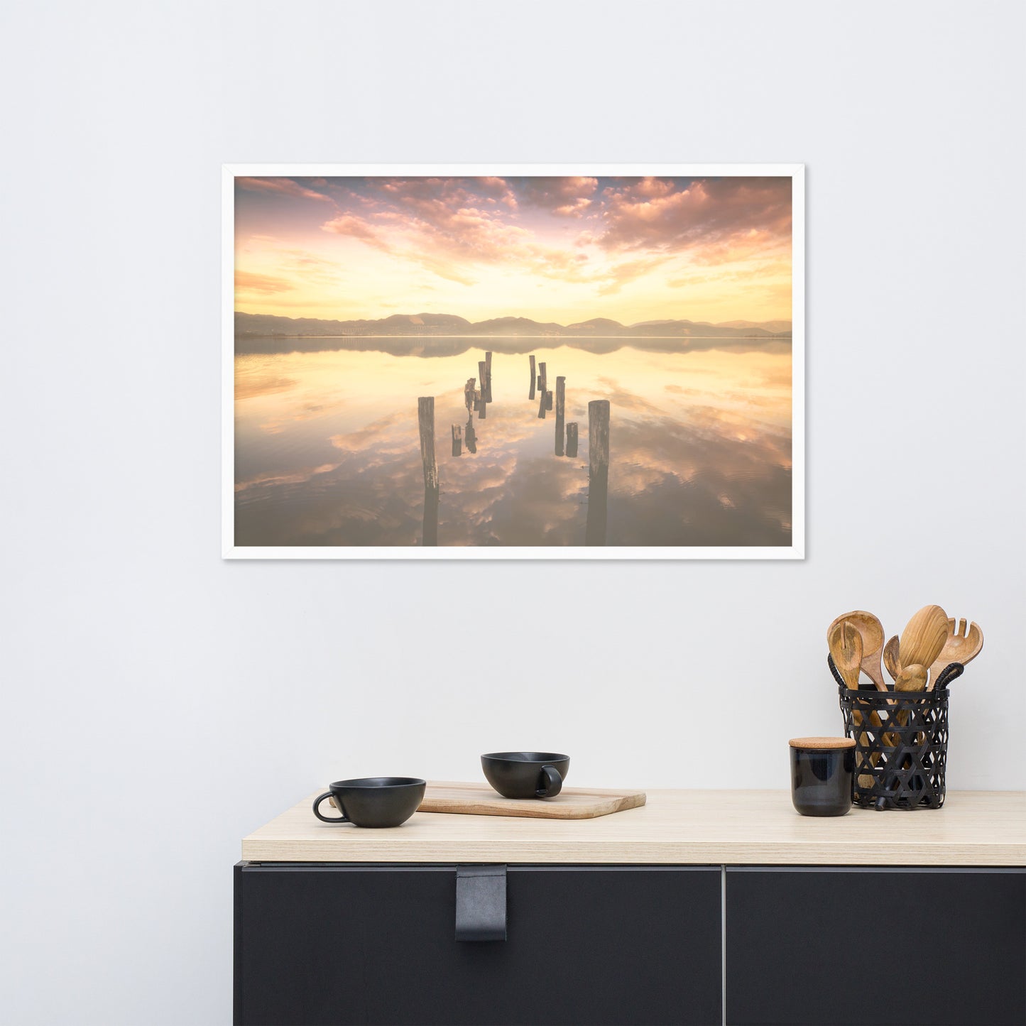 Sunset Pillars and Reflections on Lake Framed Wall Art Print