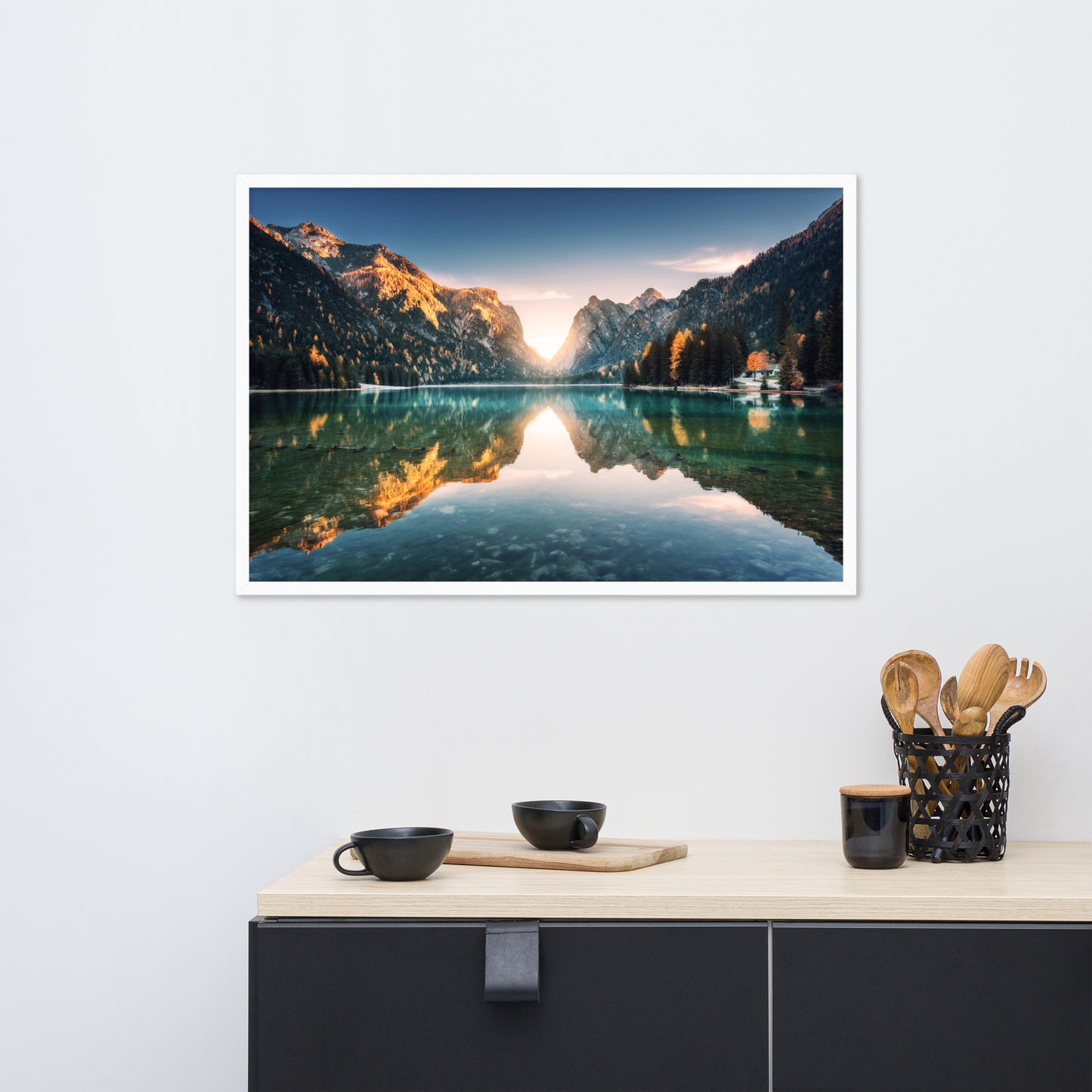 Sunrise Misty Mountain Lake Lively Color Effect Framed Wall Art Print