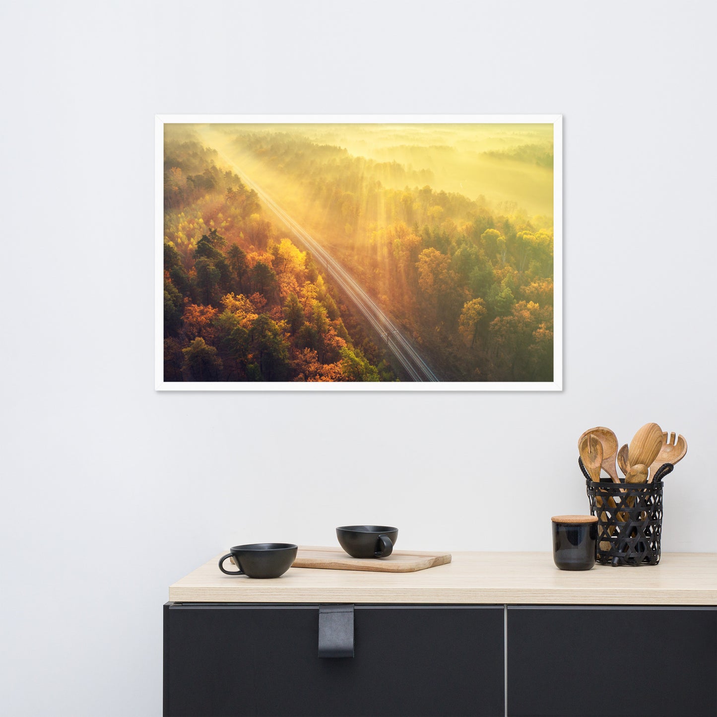 Sunrise Railroad Though Misty Forest With Golden Haze Effect Framed Wall Art Print