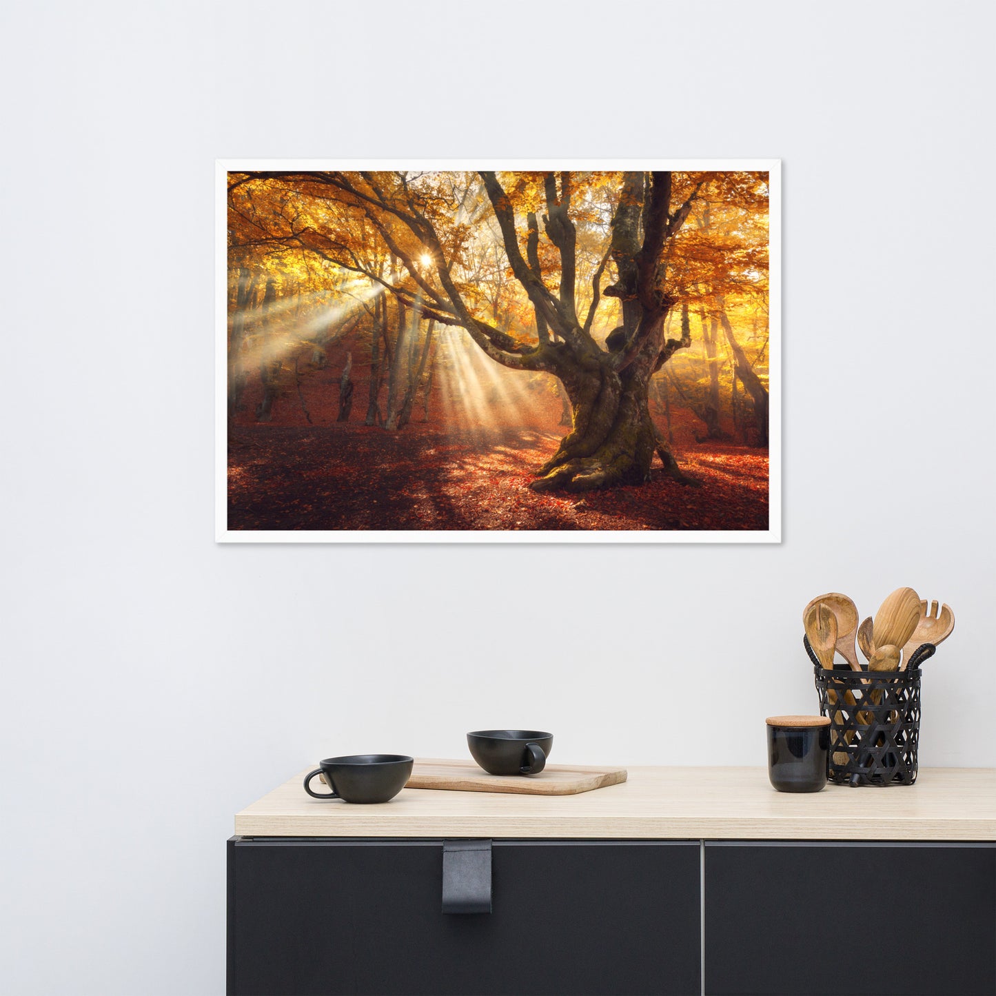 Old Magical Tree in Forest with Glory Rays Framed Wall Art Print