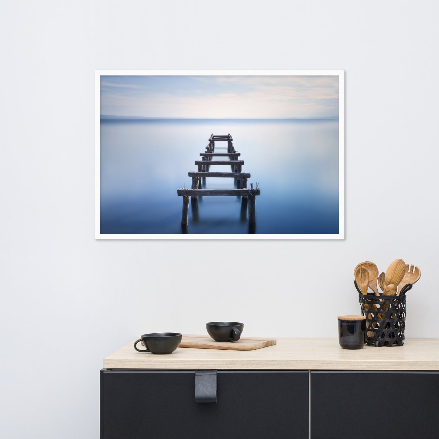 Soft Blue Lake and Abandoned Pier Landscape Photo Framed Wall Art Prints
