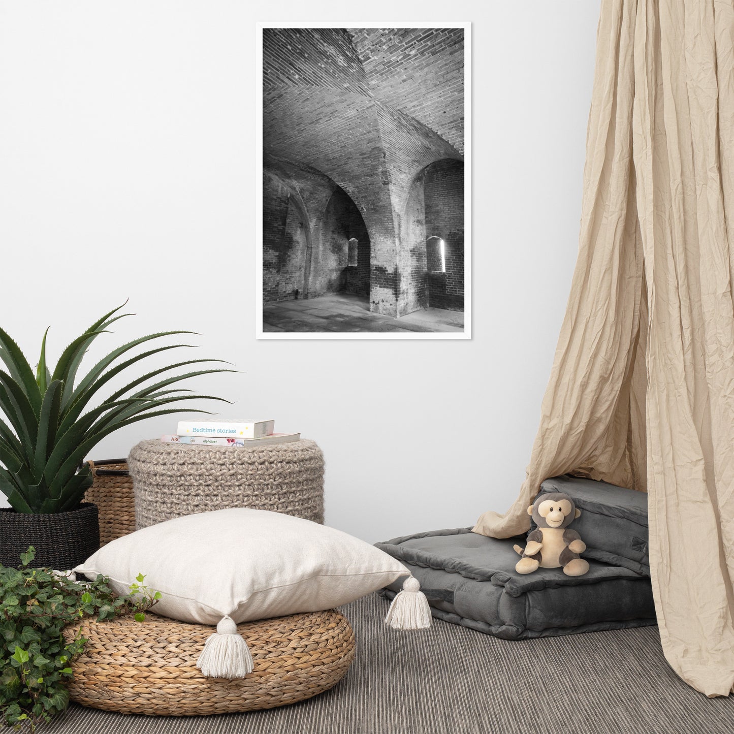 Fort Clinch Bunker Room Black and White Architecture Photograph Framed Wall Art Print
