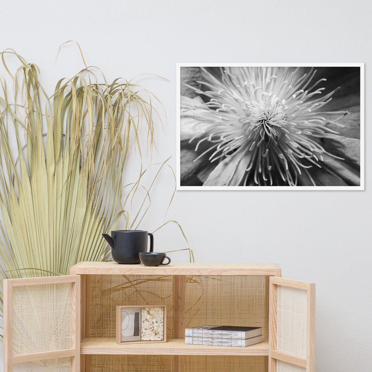 Center of Clematis Black and White Floral Nature Photo Framed Wall Art Print