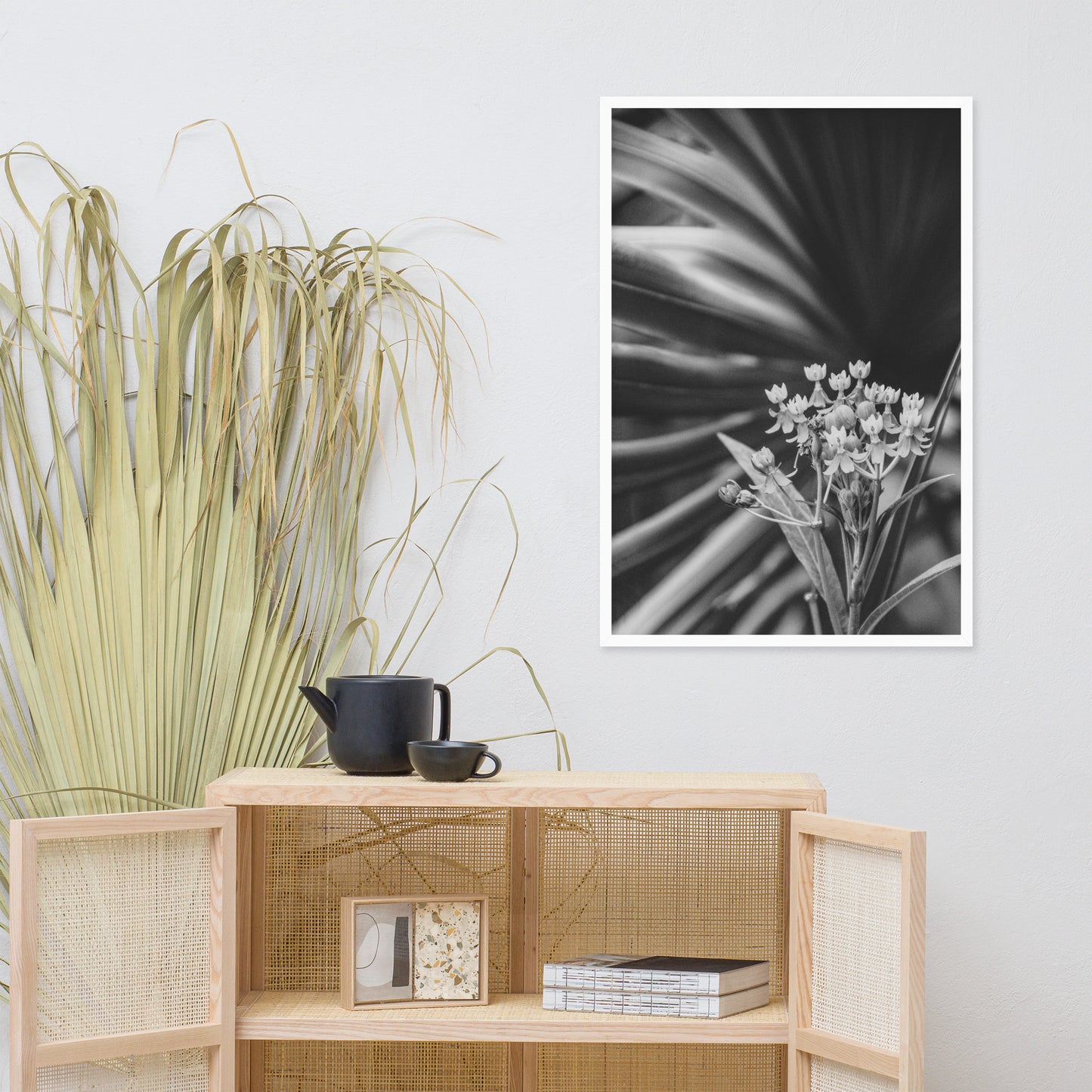Bloodflowers and Palm Black and White Framed Wall Art Print