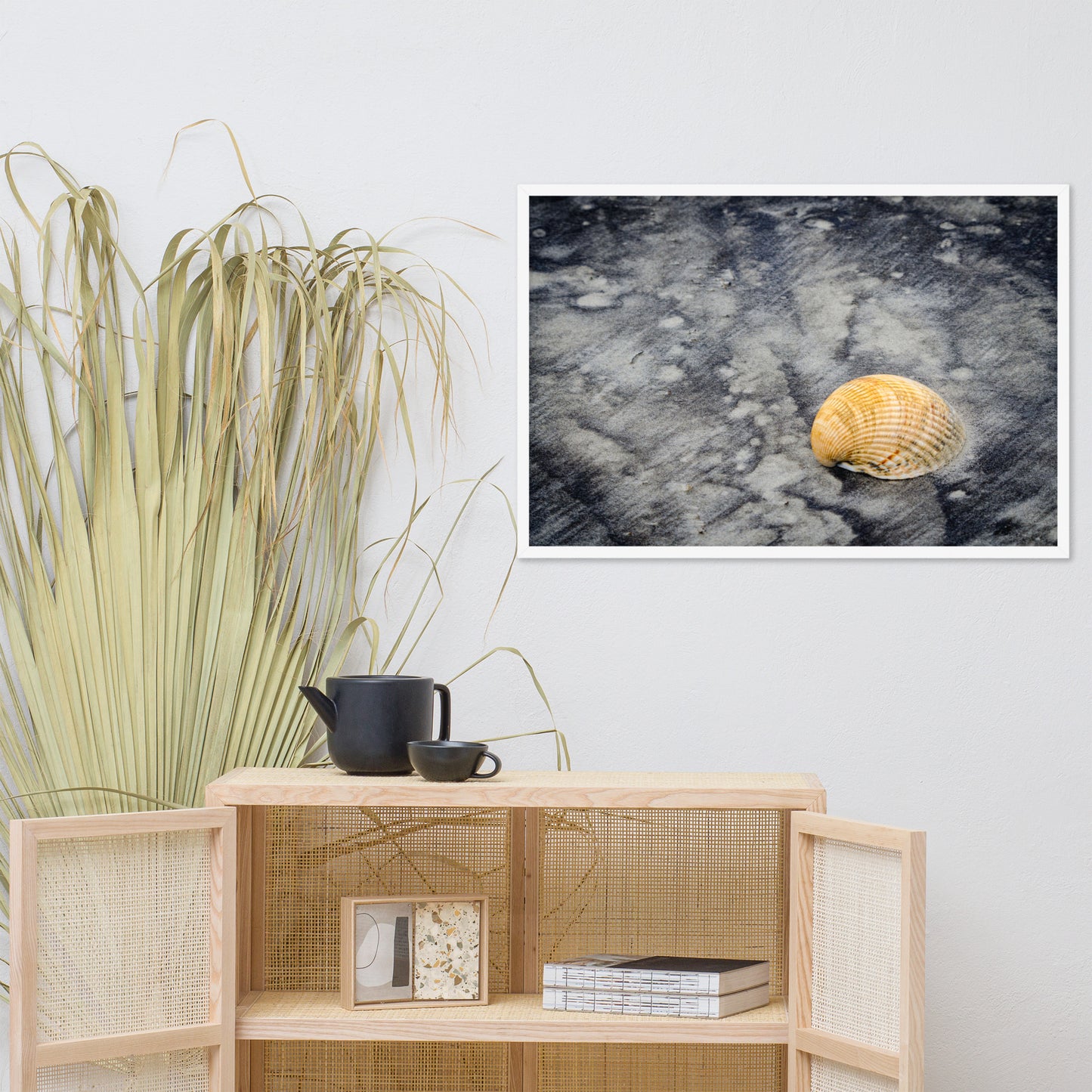 Black Sands and Seashell on the Shore Coastal Nature Photo Framed Wall Art Print