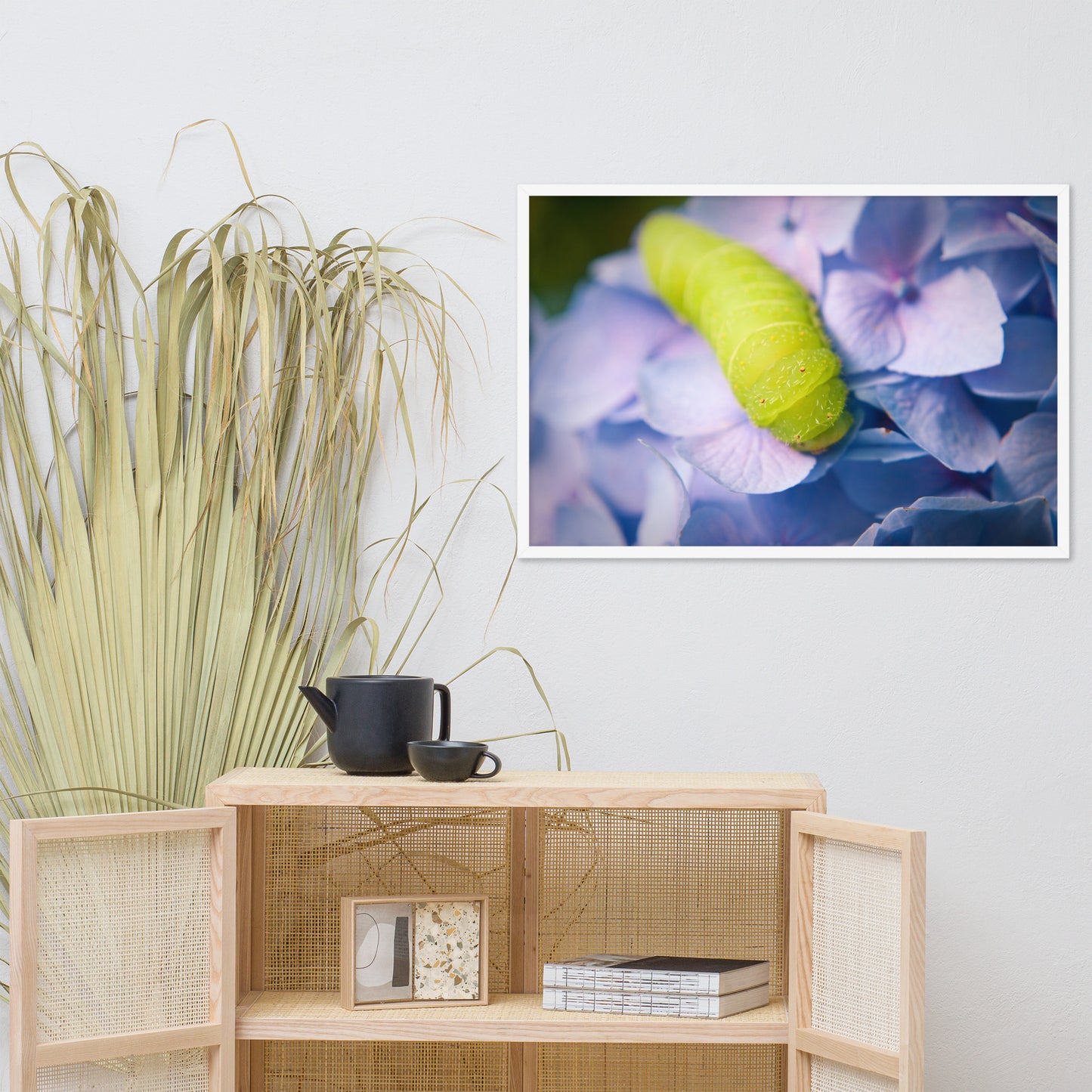 Actias Luna Larvae on Hydrangea Floral Nature Photo Framed Wall Art Print