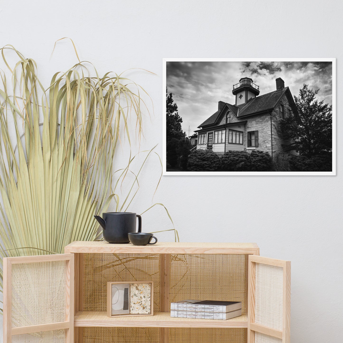 Cedar Point Lighthouse in Black and White Framed Photo Paper Wall Art Prints