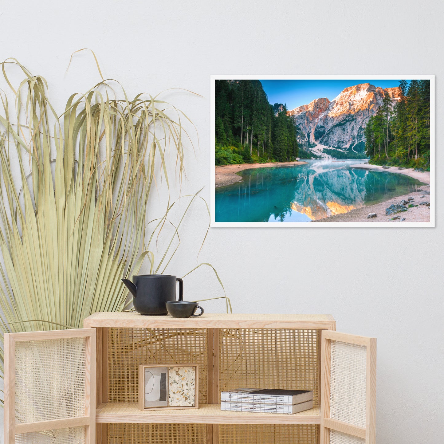 Dining Room Art Farmhouse: Misty Lake and Snow - cap Mountain Reflections - Rural / Country Style / Rustic / Landscape / Nature Photograph Framed Wall Art Print - Artwork - Wall Decor