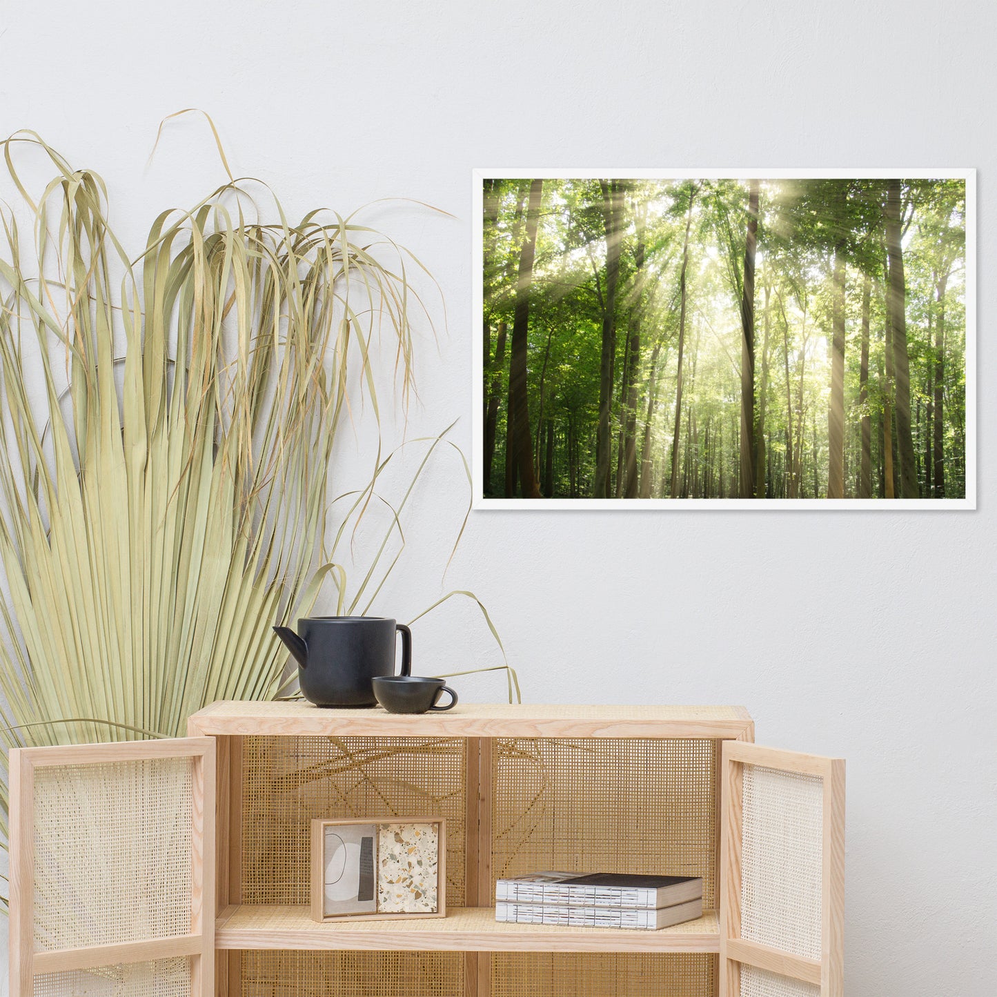 Sun Rays Through Treetops in the Forest Framed Photo Paper Wall Art Prints