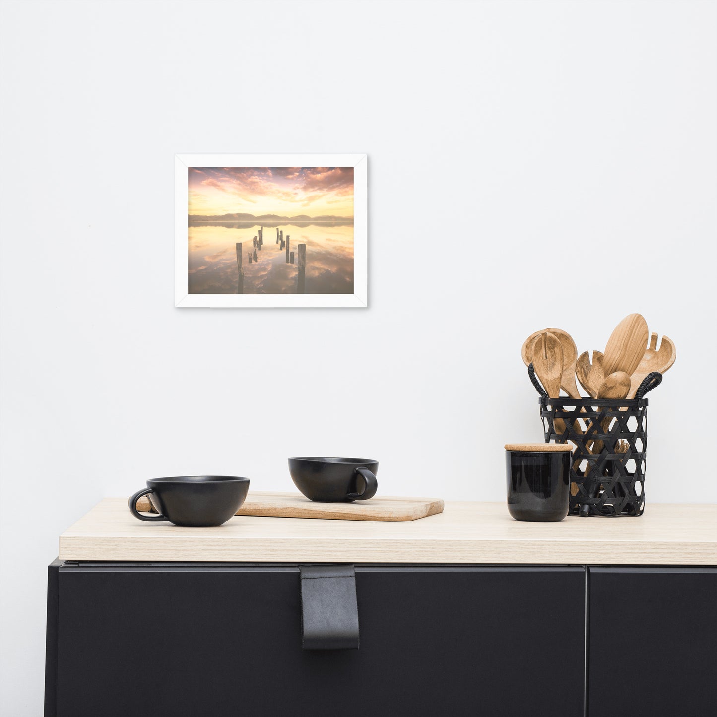 Sunset Pillars and Reflections on Lake Framed Wall Art Print