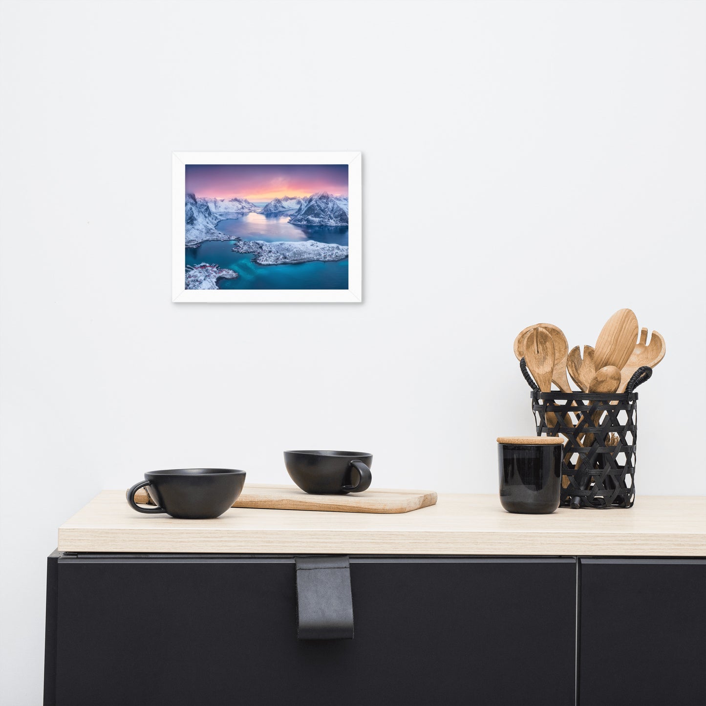 Reine at Winter Sunset Icy Mountain Framed Wall Art Print