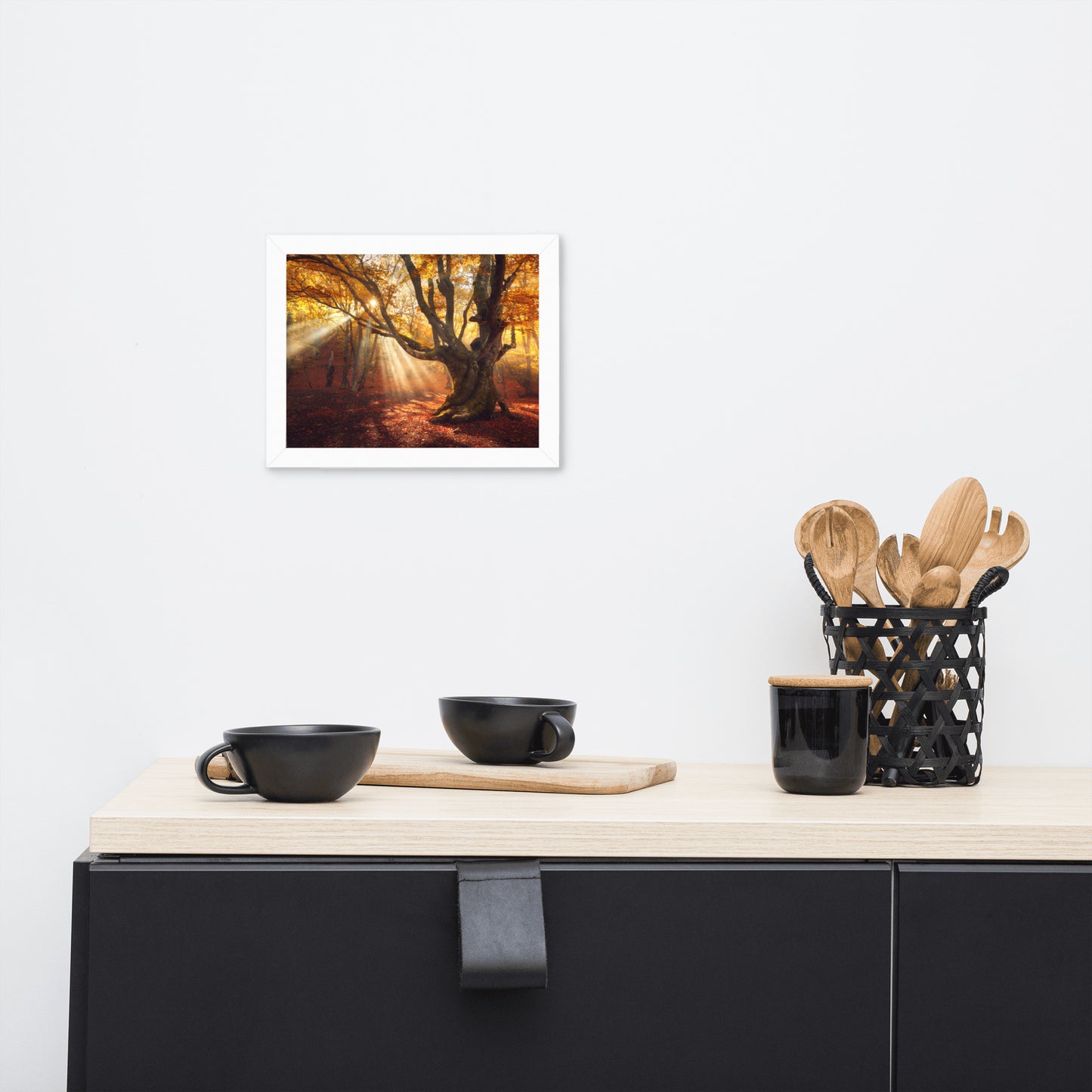 Old Magical Tree in Forest with Glory Rays Framed Wall Art Print