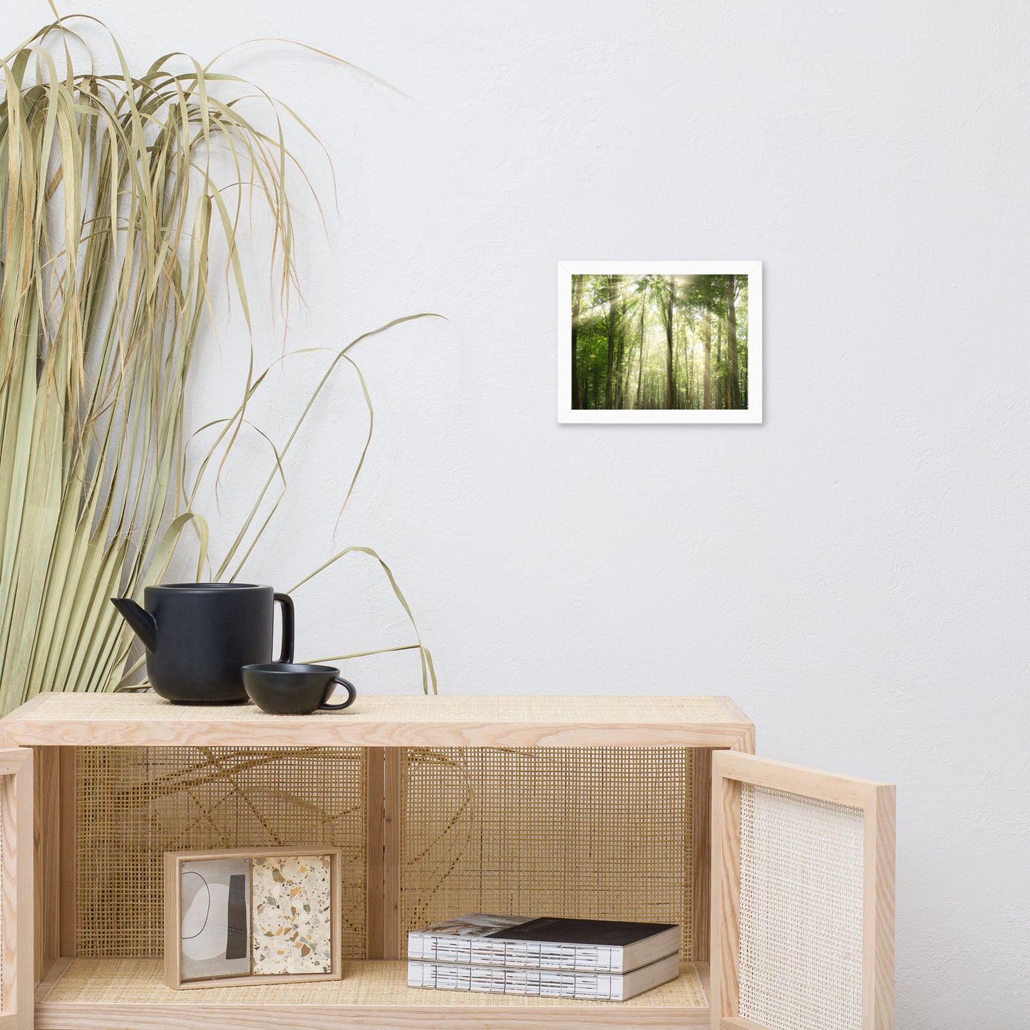 Sun Rays Through Treetops in the Forest Framed Photo Paper Wall Art Prints