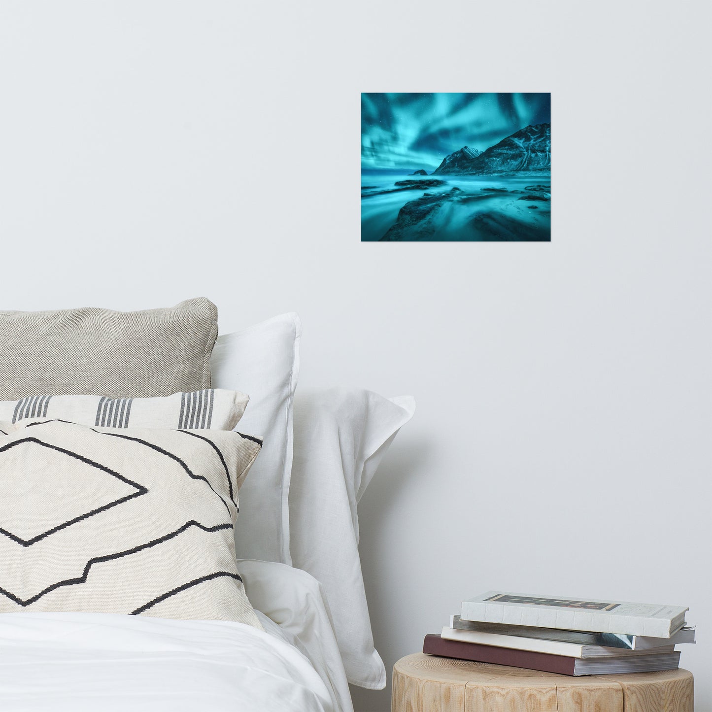 Blue Northern Lights and Mountain Coast Landscape Photo Loose Wall Art Prints