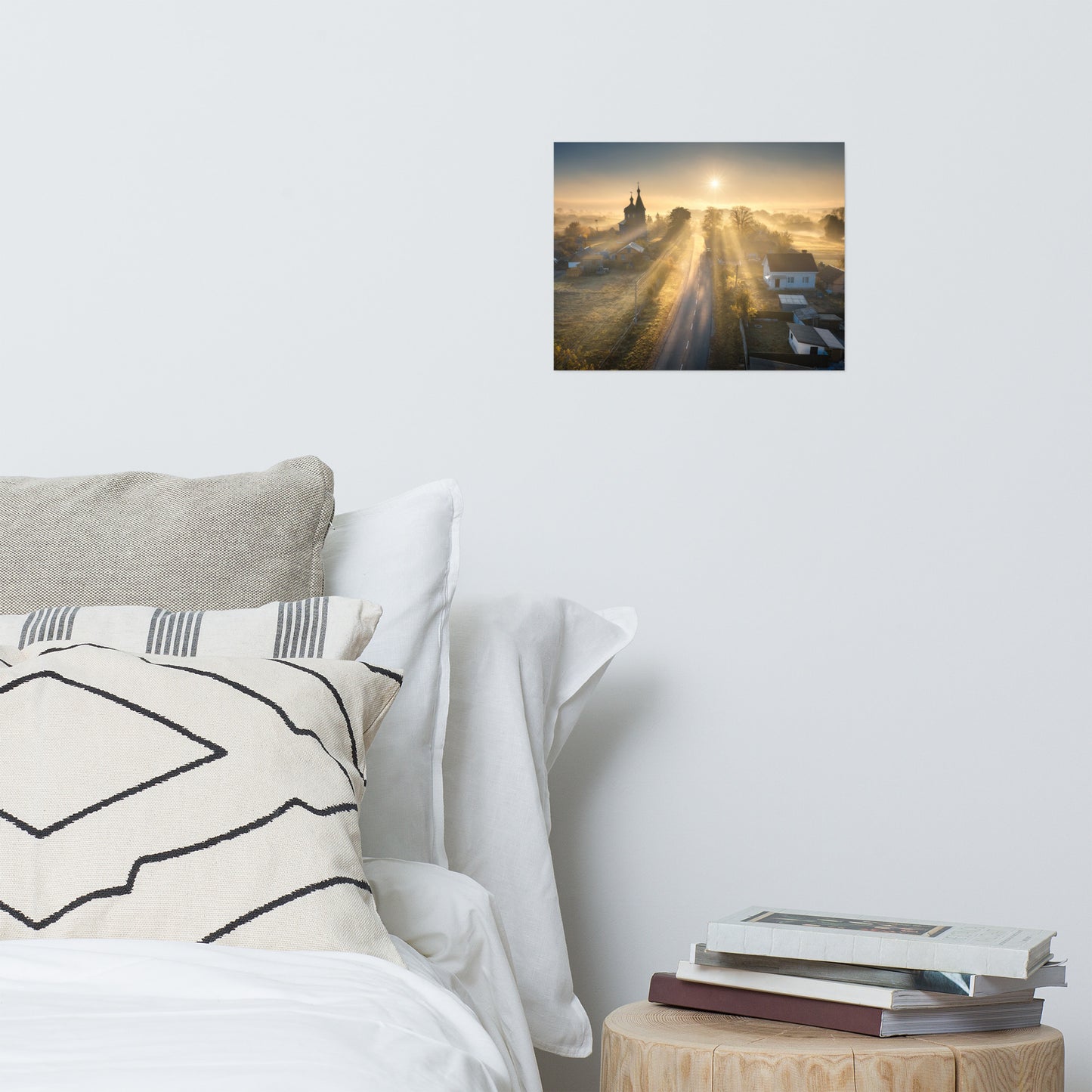 Misty Rural Town Sunrise in Autumn with Glory Rays Rustic Farmhouse Style Landscape Photo Loose Wall Art Prints