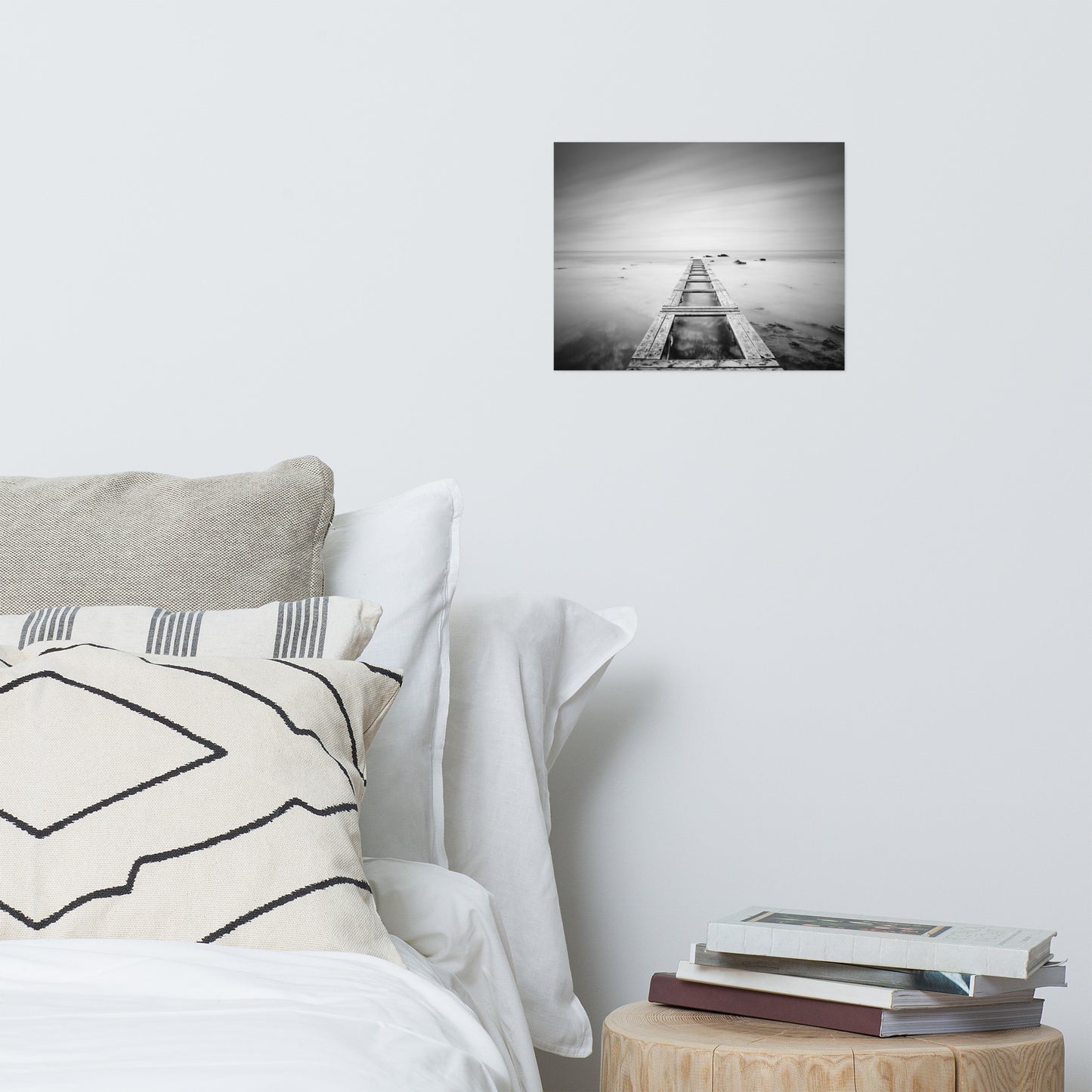 Moody Ocean and Sky Wooden Pier Black and White Coastal Landscape Photo Loose Wall Art Prints