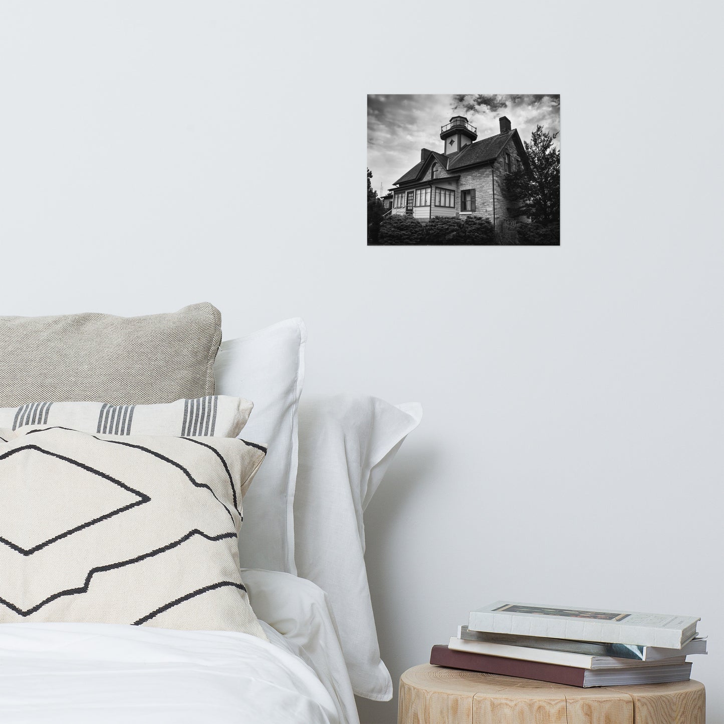 Cedar Point Lighthouse in Black and White Landscape Photo Loose Wall Art Prints