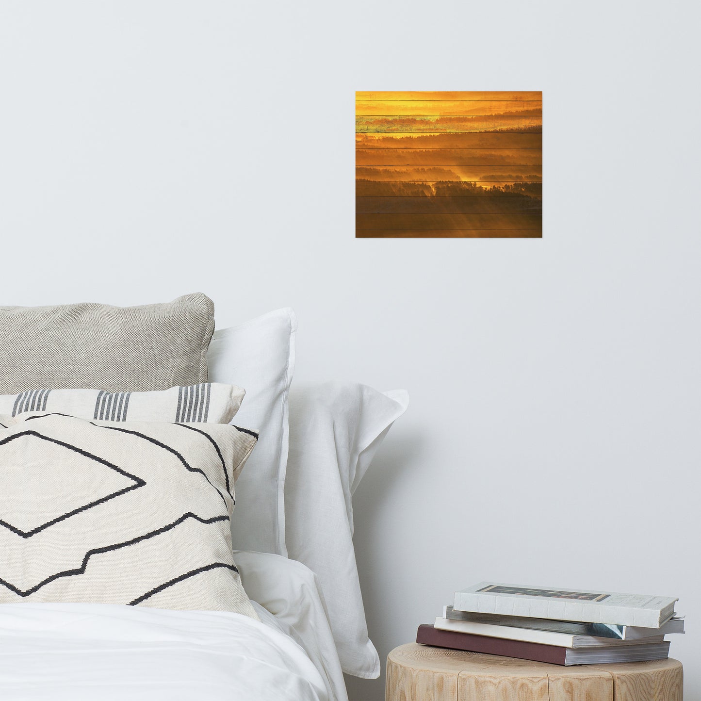 Faux Wood Golden Mist Valley - Hills & Mountain Range Farmhouse Style Landscape Photo Loose Wall Art Prints