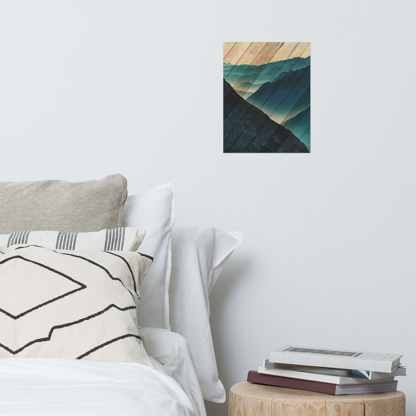 Faux Wood Misty Blue Silhouette Mountain Range Landscape Photo Loose Wall Art Print