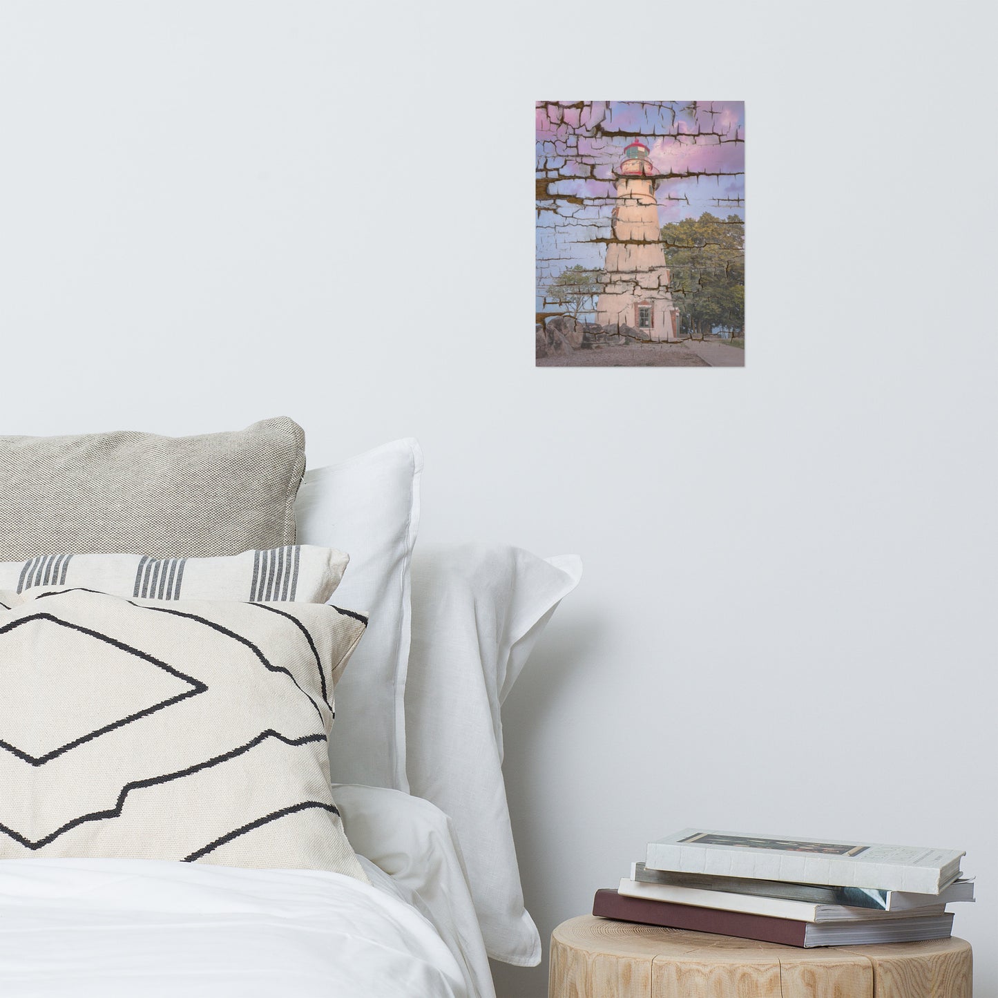 Faux Wood Texture Marblehead Lighthouse at Sunset Landscape Photo Loose Wall Art Print