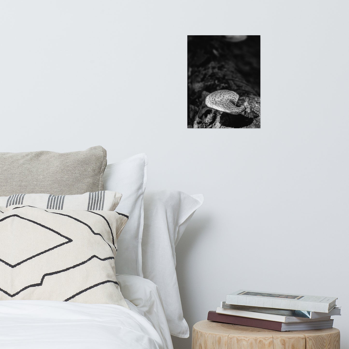 Rustic Garden Wall Art: Mushroom on Log Black and White - Botanical / Plant / Nature Photograph Loose / Unframed / Frameable / Frameless Wall Art Print - Artwork