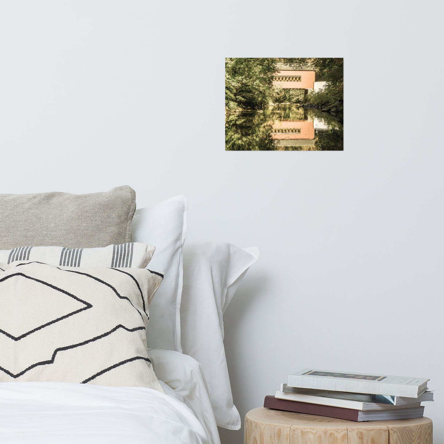The Reflection of Wooddale Covered Bridge Aged Rustic Farmhouse Style Landscape Photo Loose Wall Art Prints