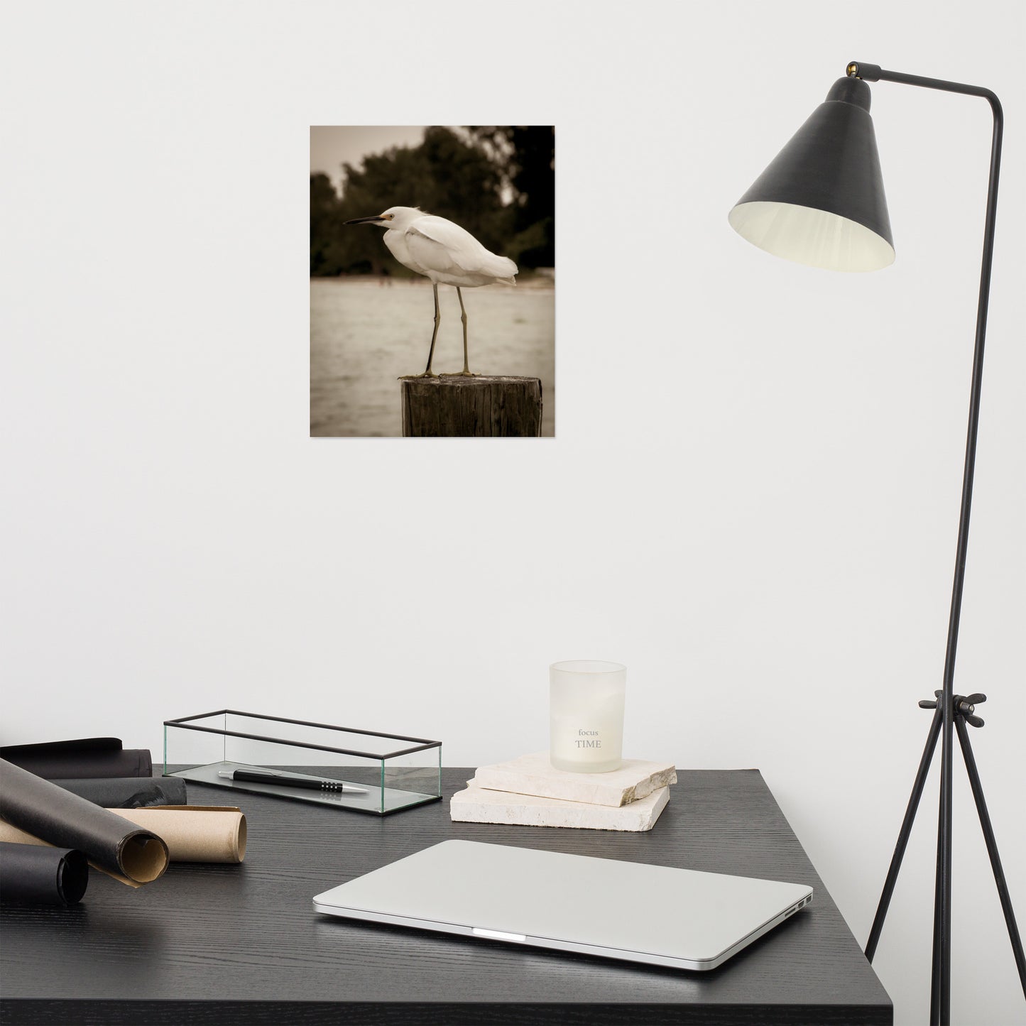 Artwork For Doctors Office: Aged and Colorized Snowy Egret on Pillar Sepia Coastal Bird / Animal / Wildlife / Nature Loose / Unframed / Frameless / Frameable Wall Art Print - Artwork