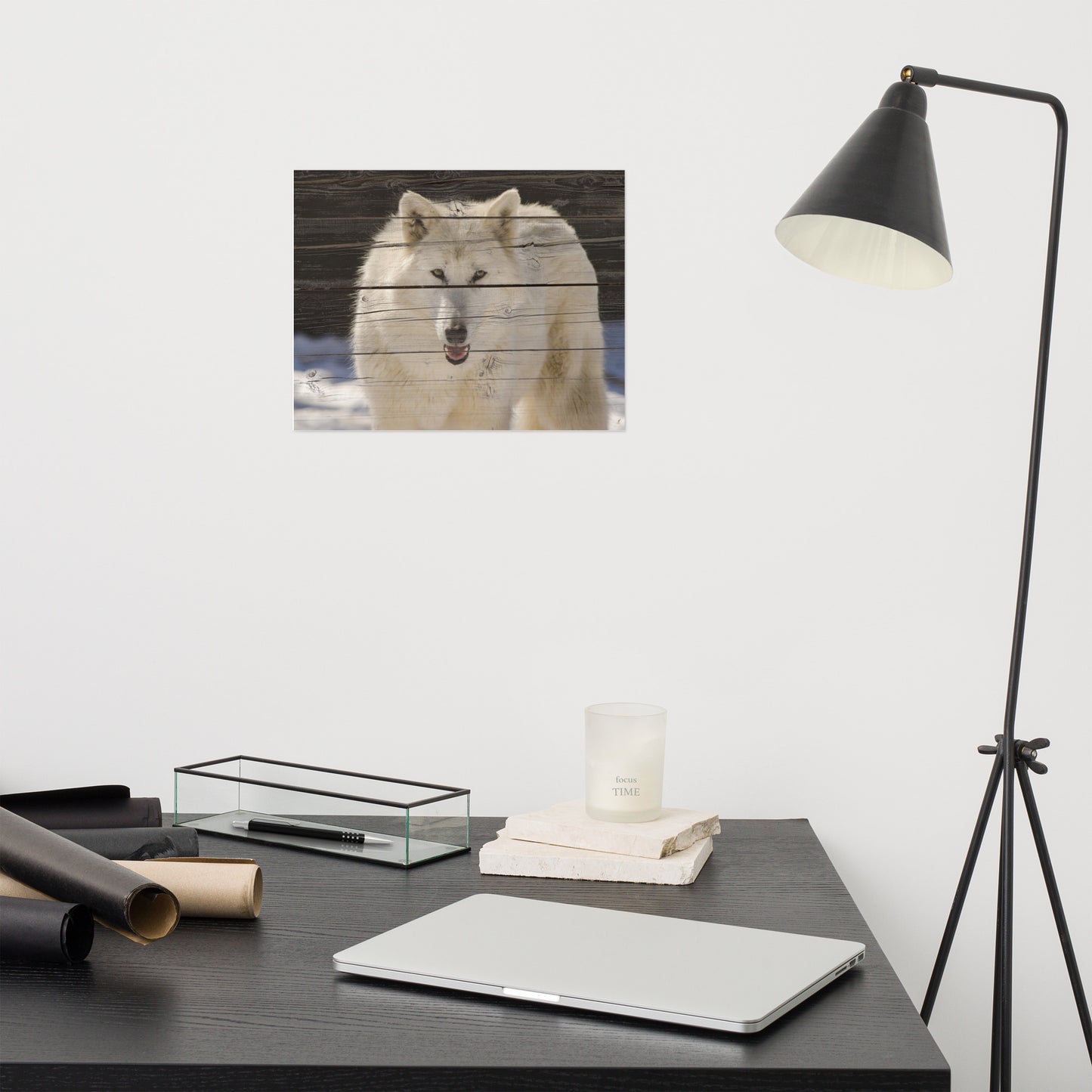 Modern Office Art Prints: hite Wolf Portrait on Faux Weathered Wood Texture - Animal / Wildlife / Nature Artwork