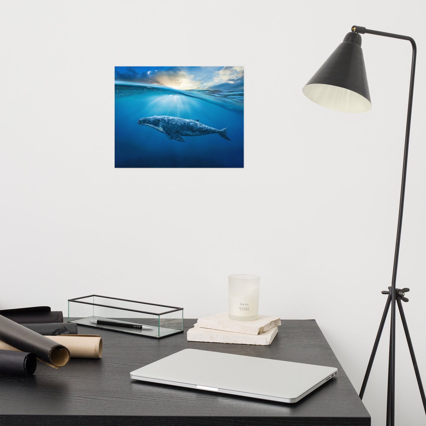 Dreamy Blue Whale Ocean Sunset Glory Rays Loose Wall Art Print