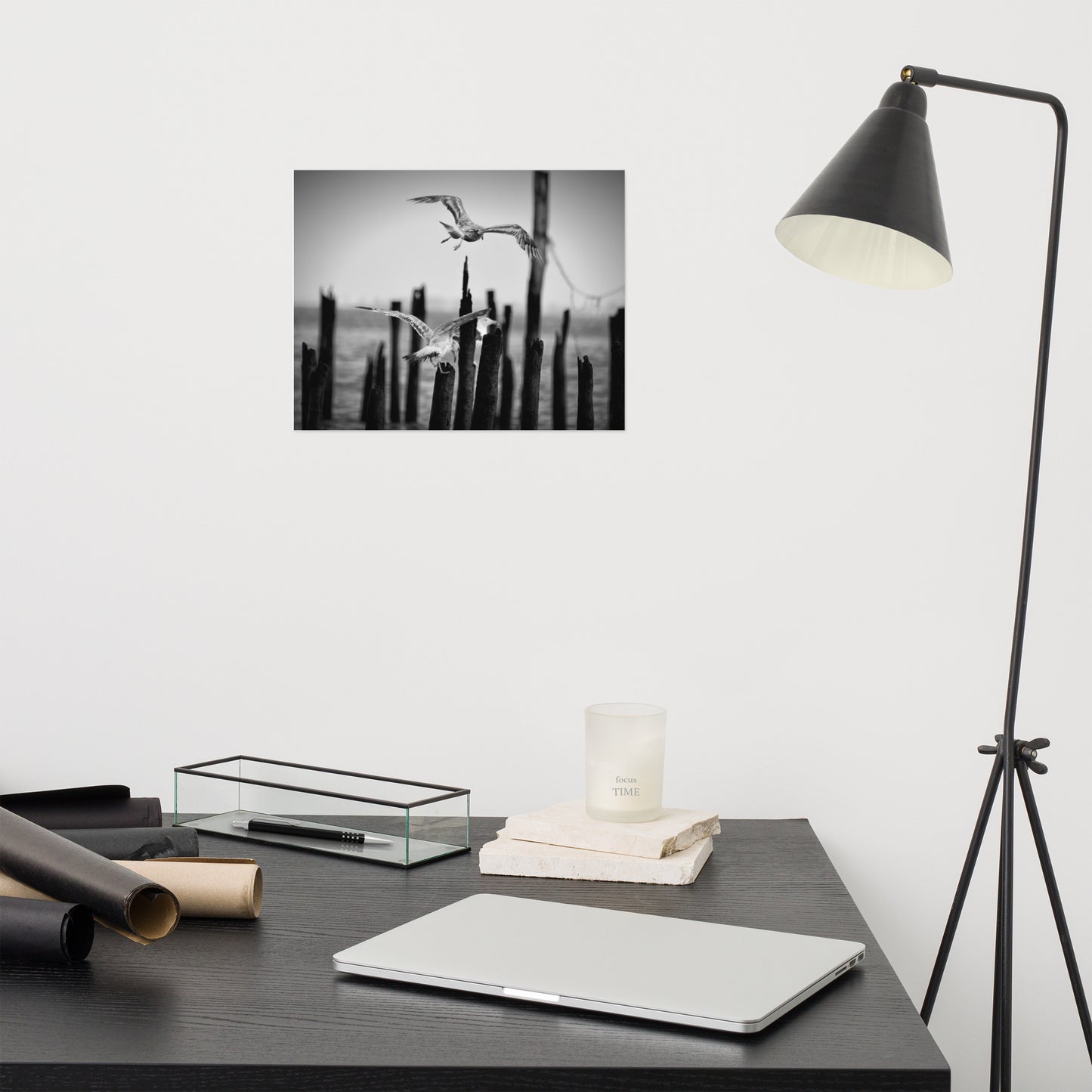Flying Sea Gull in Black and White Moody Bird / Animal / Wildlife Photo Loose Wall Art Print