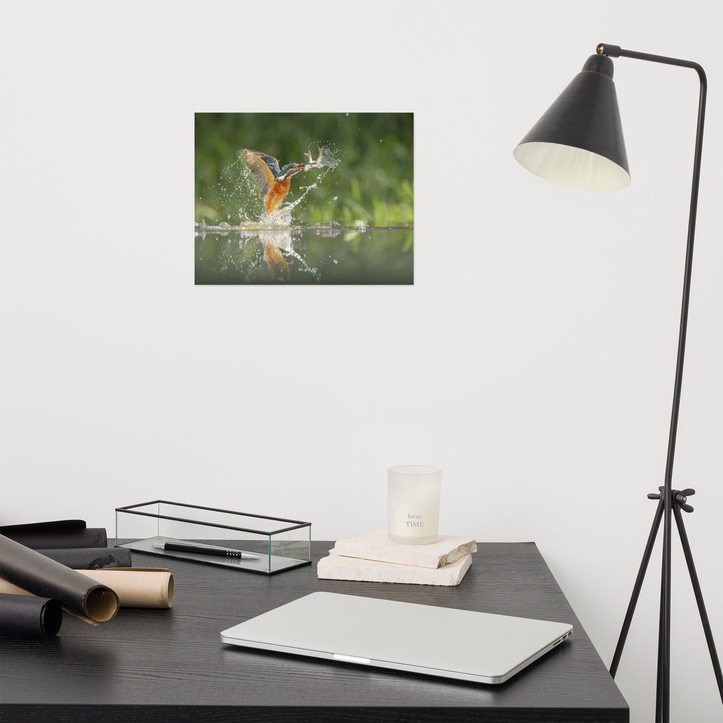 Flying Turquoise Blue and Orange Common Kingfisher Bird With Fish Loose Wall Art Print