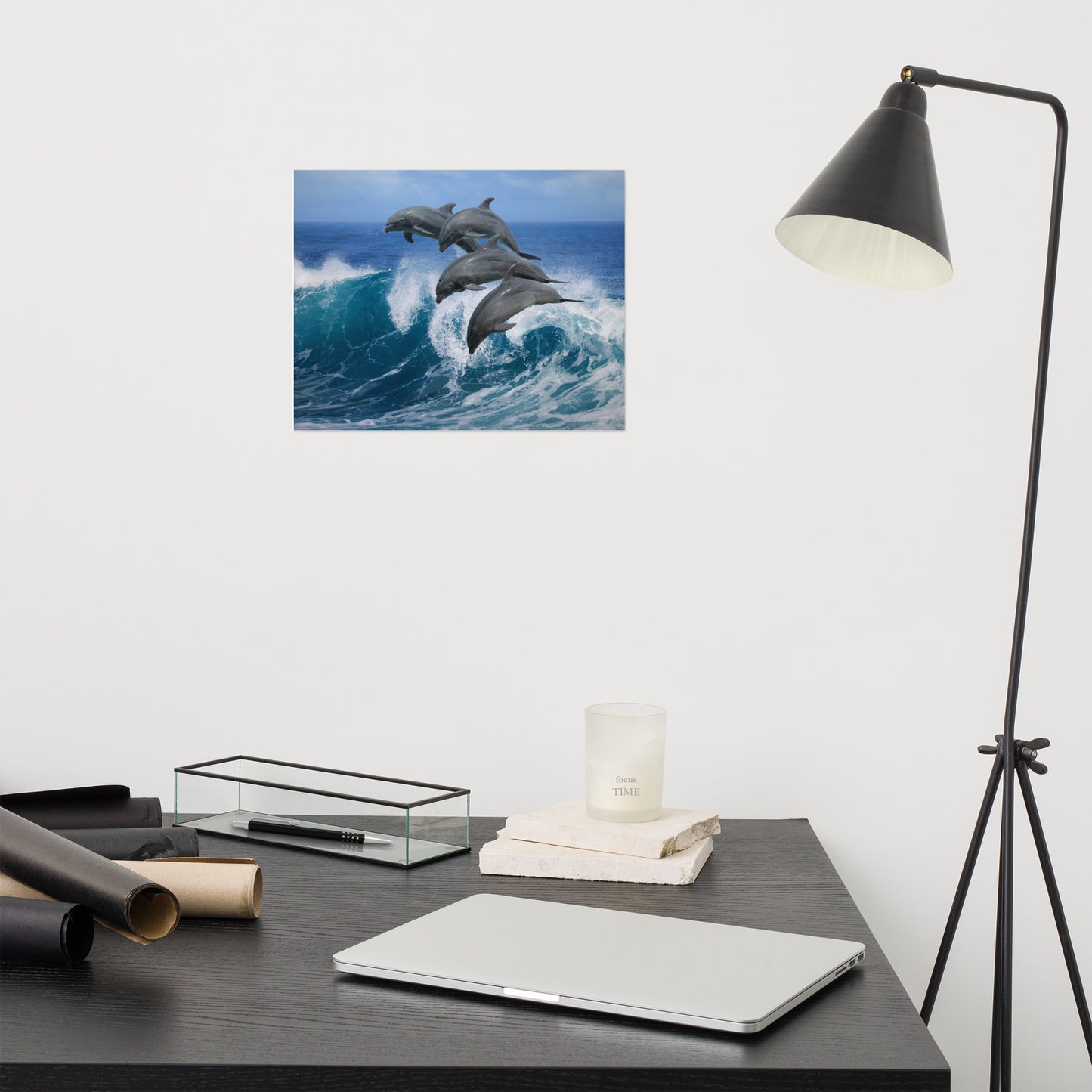 Four Bottle Noise Dolphins Jumping Waves In Tropical Blue Ocean Animal Wildlife Photograph Loose Wall Art Print