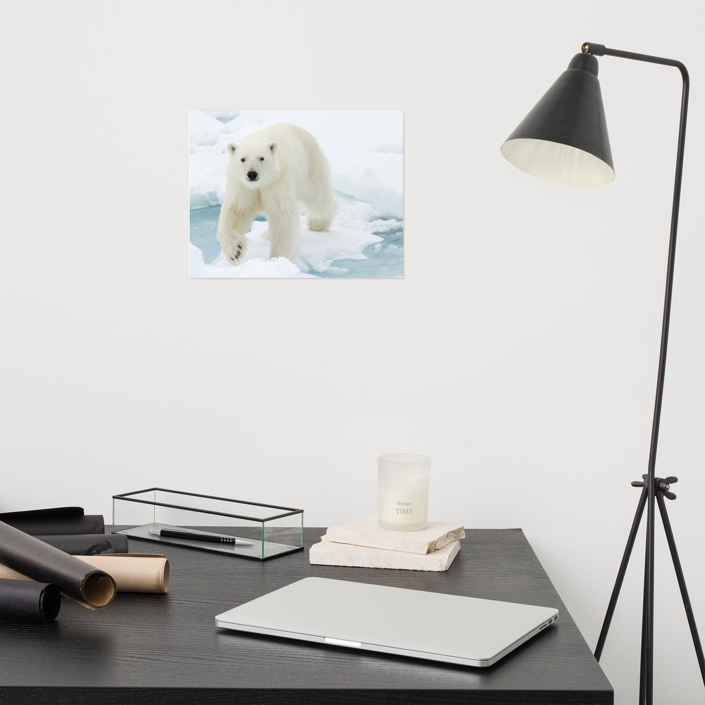 Giant White Polar Bear Walking On Icy Lake Winter Wildlife Photograph Loose Wall Art Print
