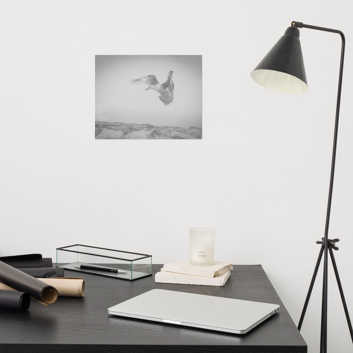 Gull in the Mist Black and White Bird / Animal / Wildlife Photograph Loose Wall Art Print