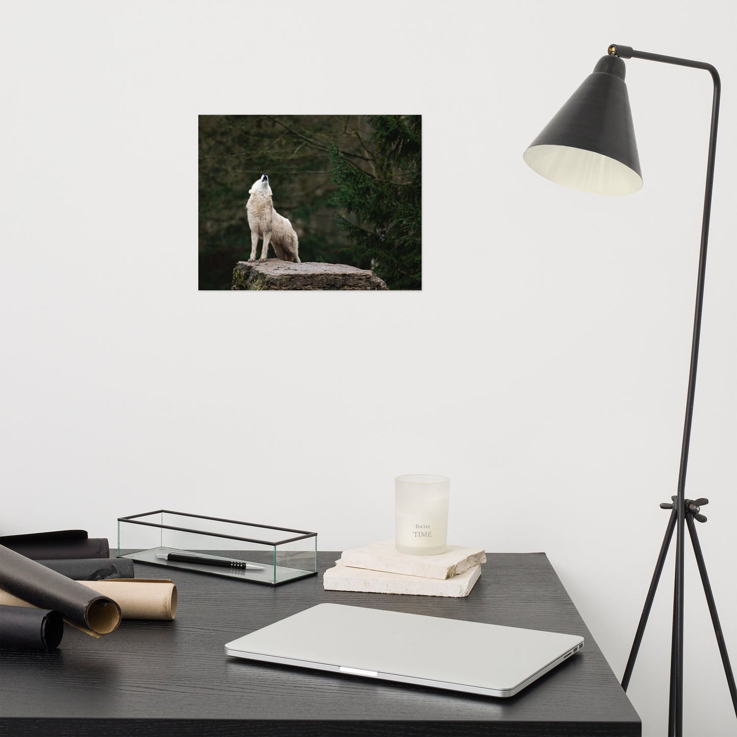 Howling White Wolf In The Forest Rustic Farmhouse Style Animal Wildlife Nature Photograph Loose Wall Art Print