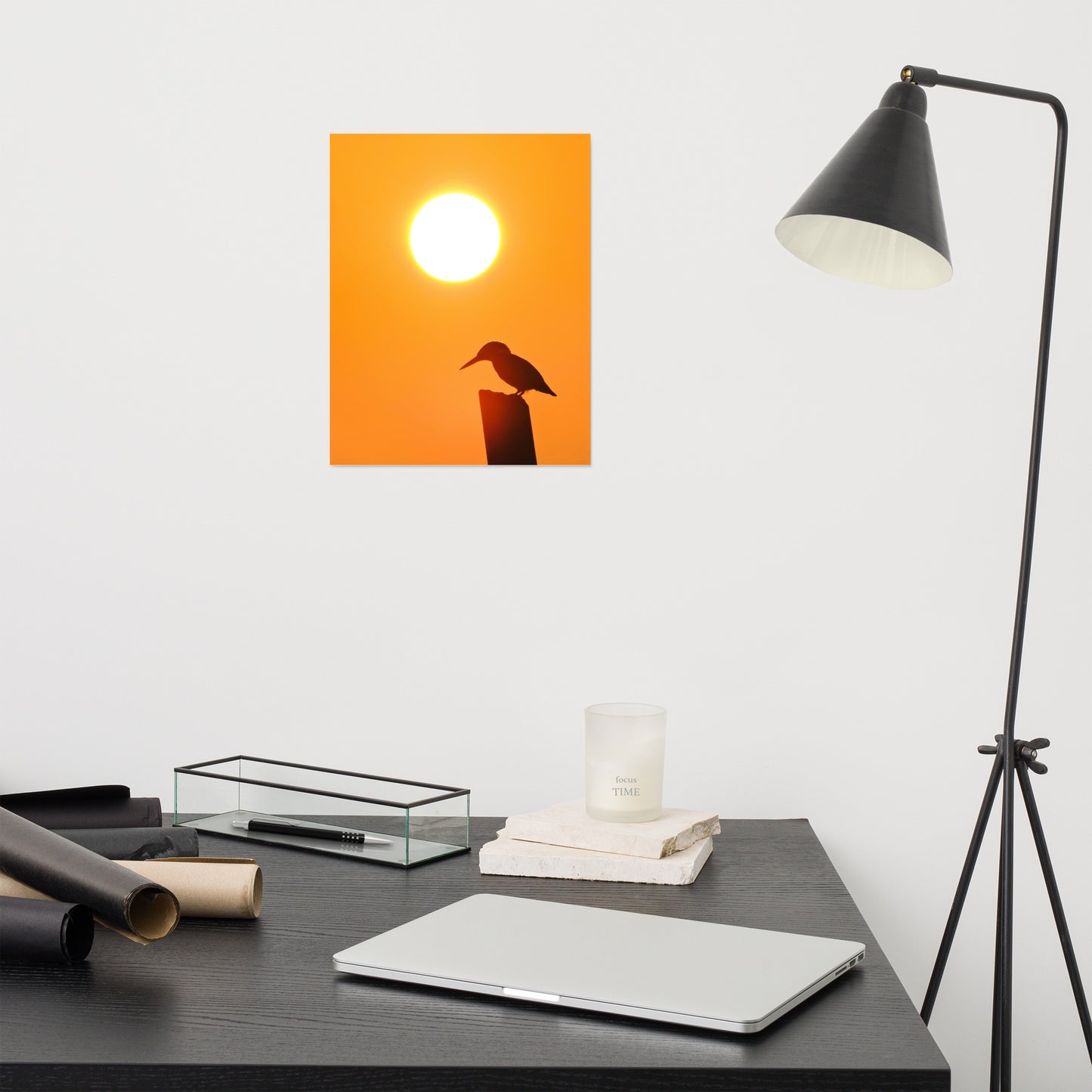 Kingfisher Bird Silhouette on Perch at Sunset Loose Wall Art Print