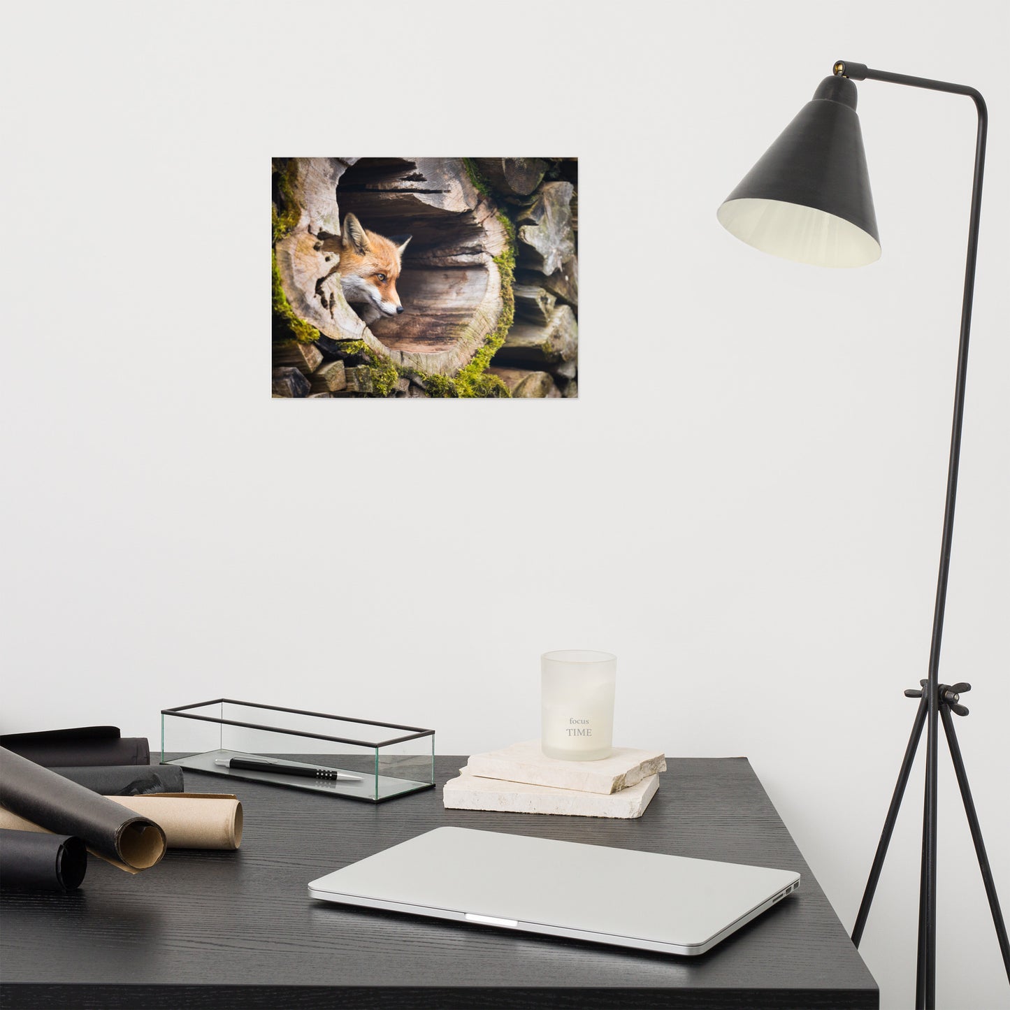Young Red Fox Face In Mossy Stump Animal Wildlife Rustic Farmhouse Style Nature Photograph Loose Wall Art Print
