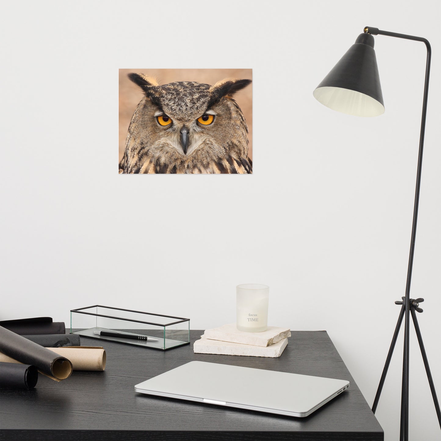Close-up Yellow Eurasian Eagle Owl Rustic Bird / Animal / Wildlife Photo Loose Wall Art Print