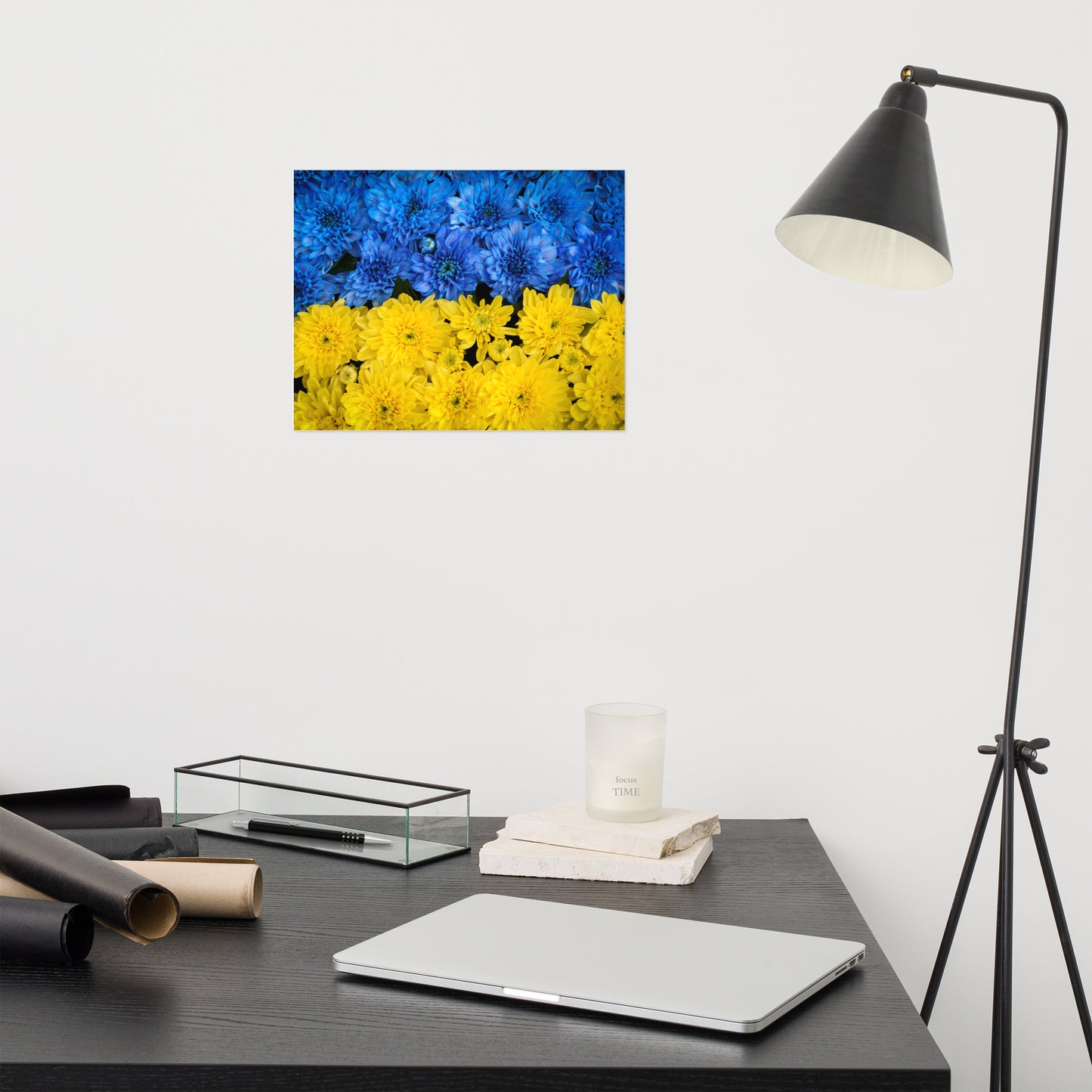 Blue and Yellow Chrysanthemums Nature Photo For Ukraine Refugees Loose Wall Art Print