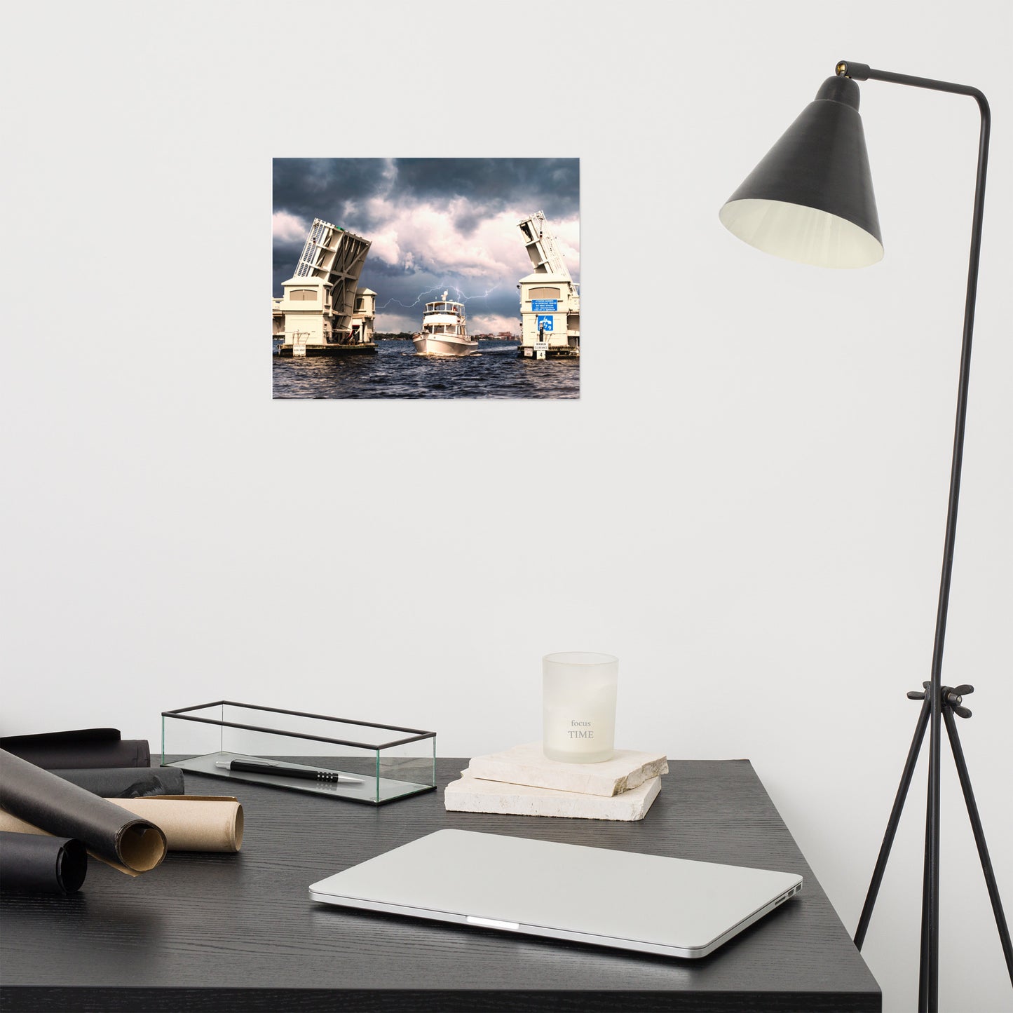 Stormy Drawbridge and Boat Racing Towards the Sun Coastal Landscape Photograph Loose Wall Art Print