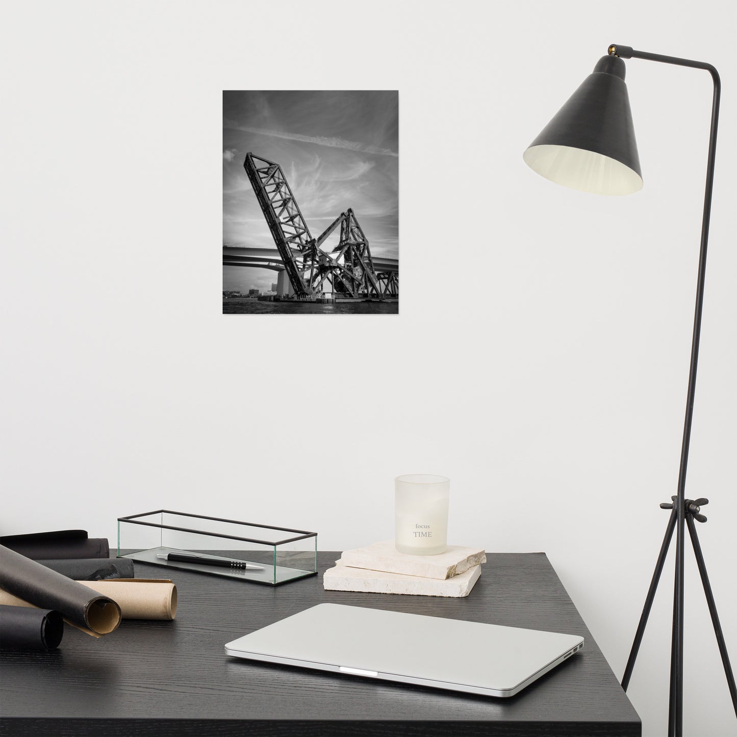 Train Drawbridge Jacksonville 2 Black and White Architectural / Industrial Photo Loose Wall Art Print