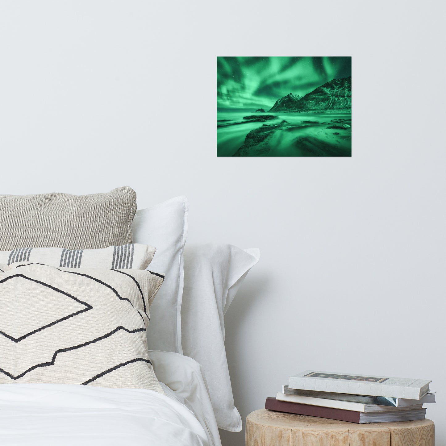 Green Northern Lights and Mountain Coast Landscape Photo Loose Wall Art Prints