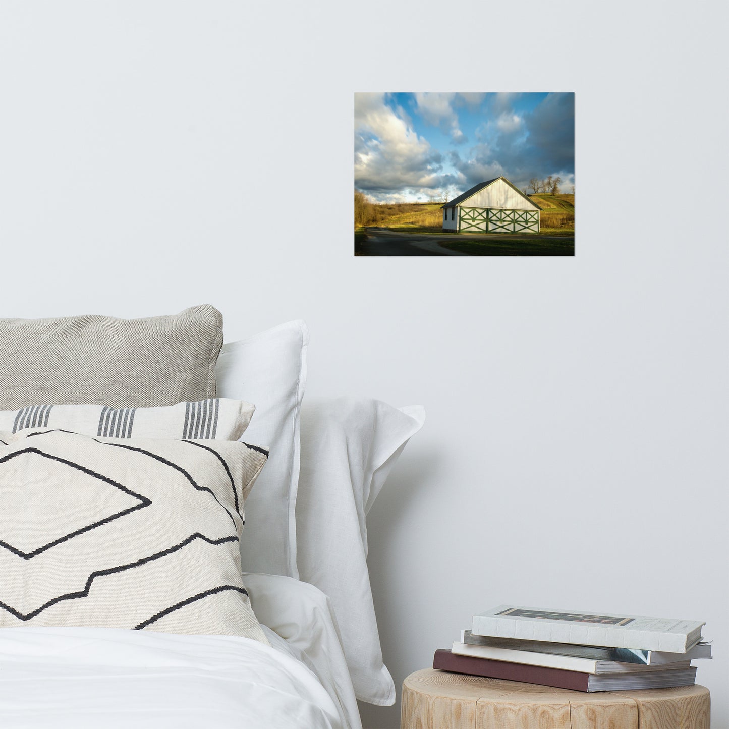 Neutral Bedroom Prints: White and Green Barn in Meadow Rustic - Rural / Country Style Landscape / Nature Photograph Loose / Unframed / Frameable / Frameless Wall Art Print - Artwork