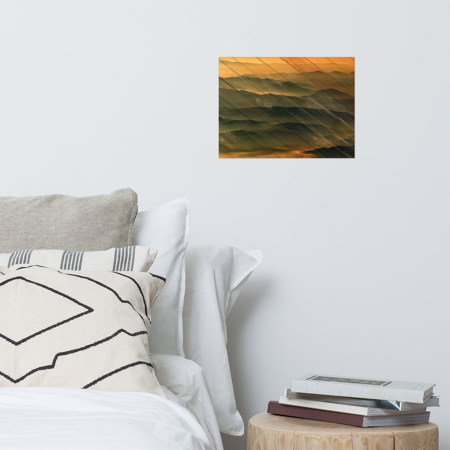 Faux Wood Foggy Mountain Layers at Sunset Farmhouse Style Landscape Photo Loose Wall Art Prints