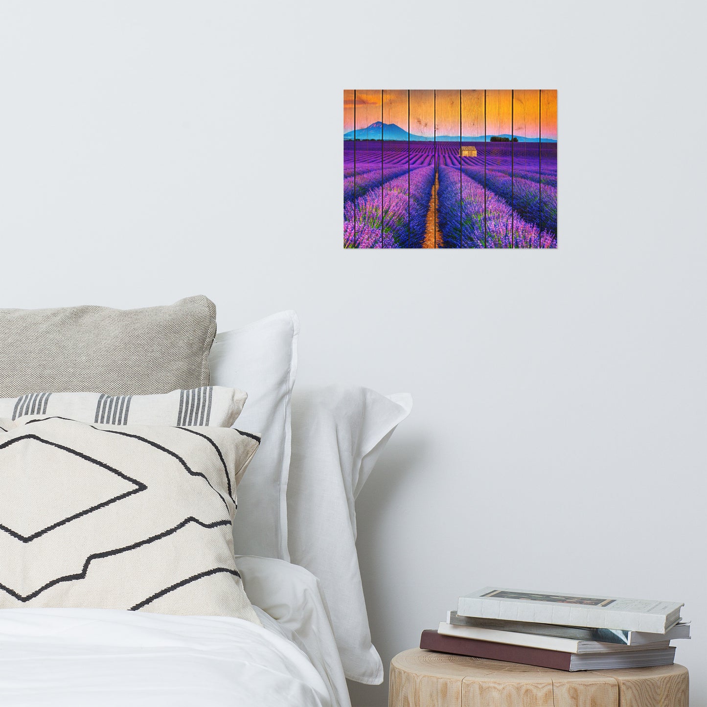 Faux Wood Lavender Fields and Sunset Landscape Photo Loose Wall Art Prints