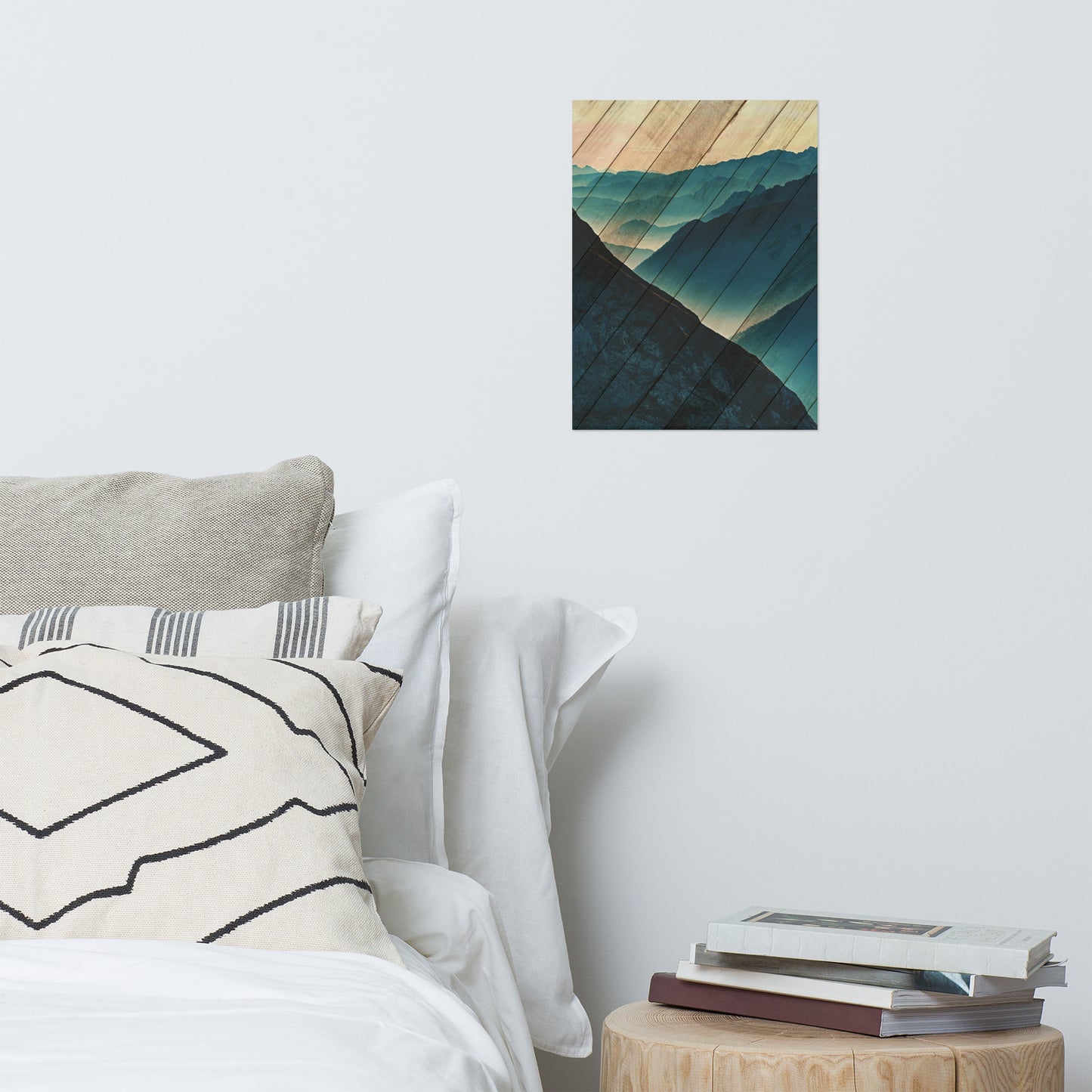 Faux Wood Misty Blue Silhouette Mountain Range Landscape Photo Loose Wall Art Print