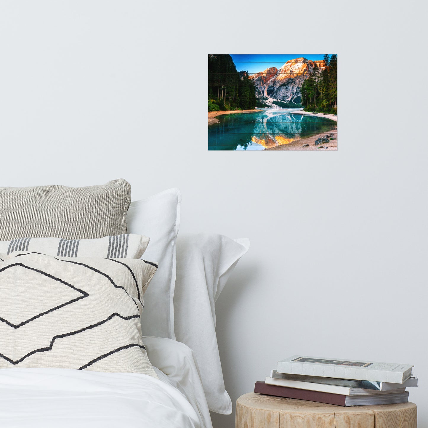 Faux Wood Misty Lake & Snowcap Mountain Reflections Loose Wall Art Prints