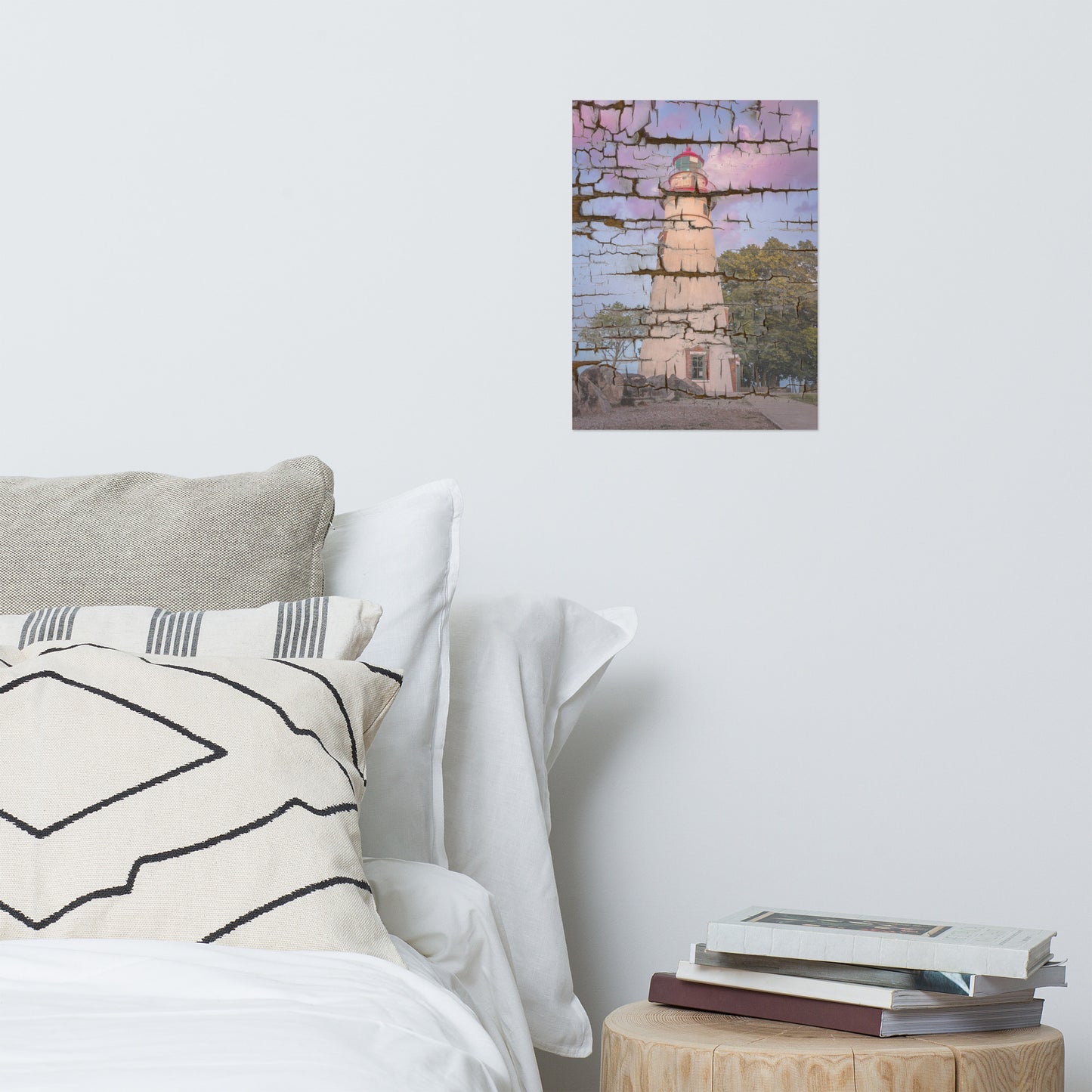 Faux Wood Texture Marblehead Lighthouse at Sunset Landscape Photo Loose Wall Art Print