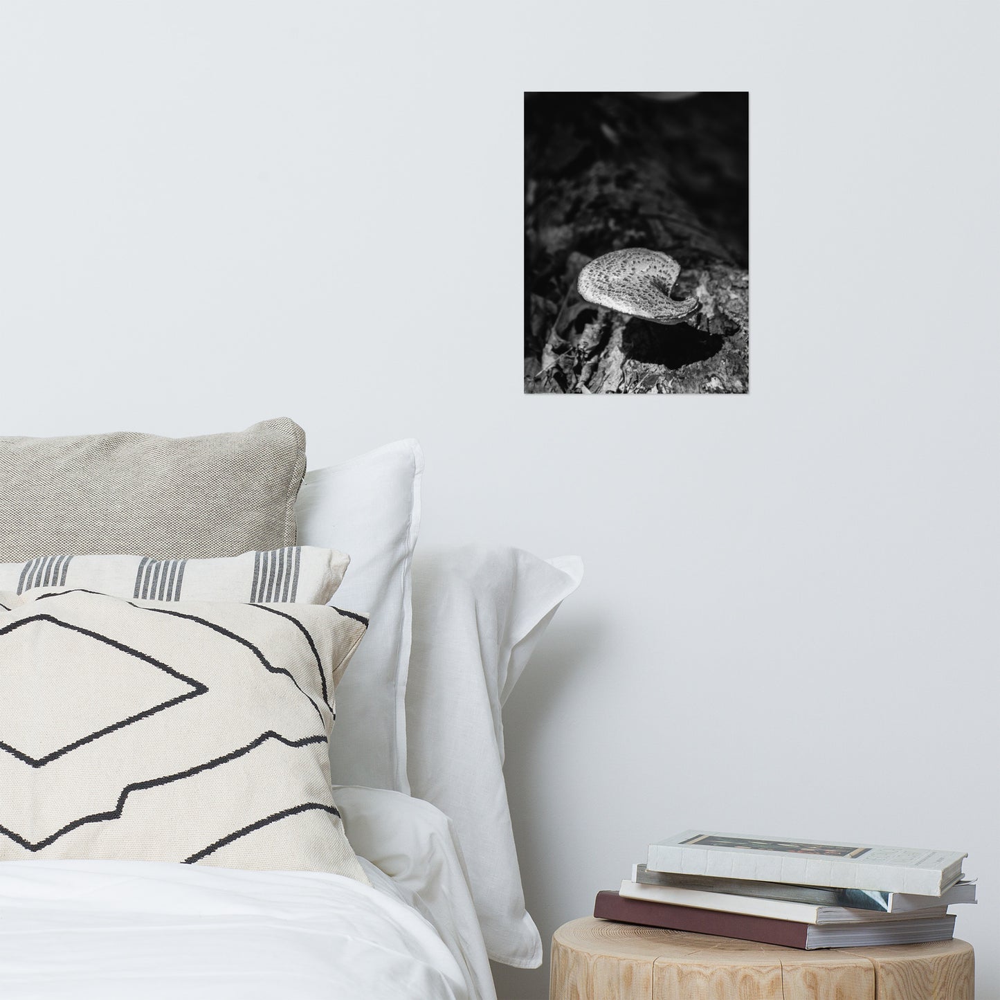 Rustic Garden Wall Decor: Mushroom on Log Black and White - Botanical / Plant / Nature Photograph Loose / Unframed / Frameable / Frameless Wall Art Print - Artwork